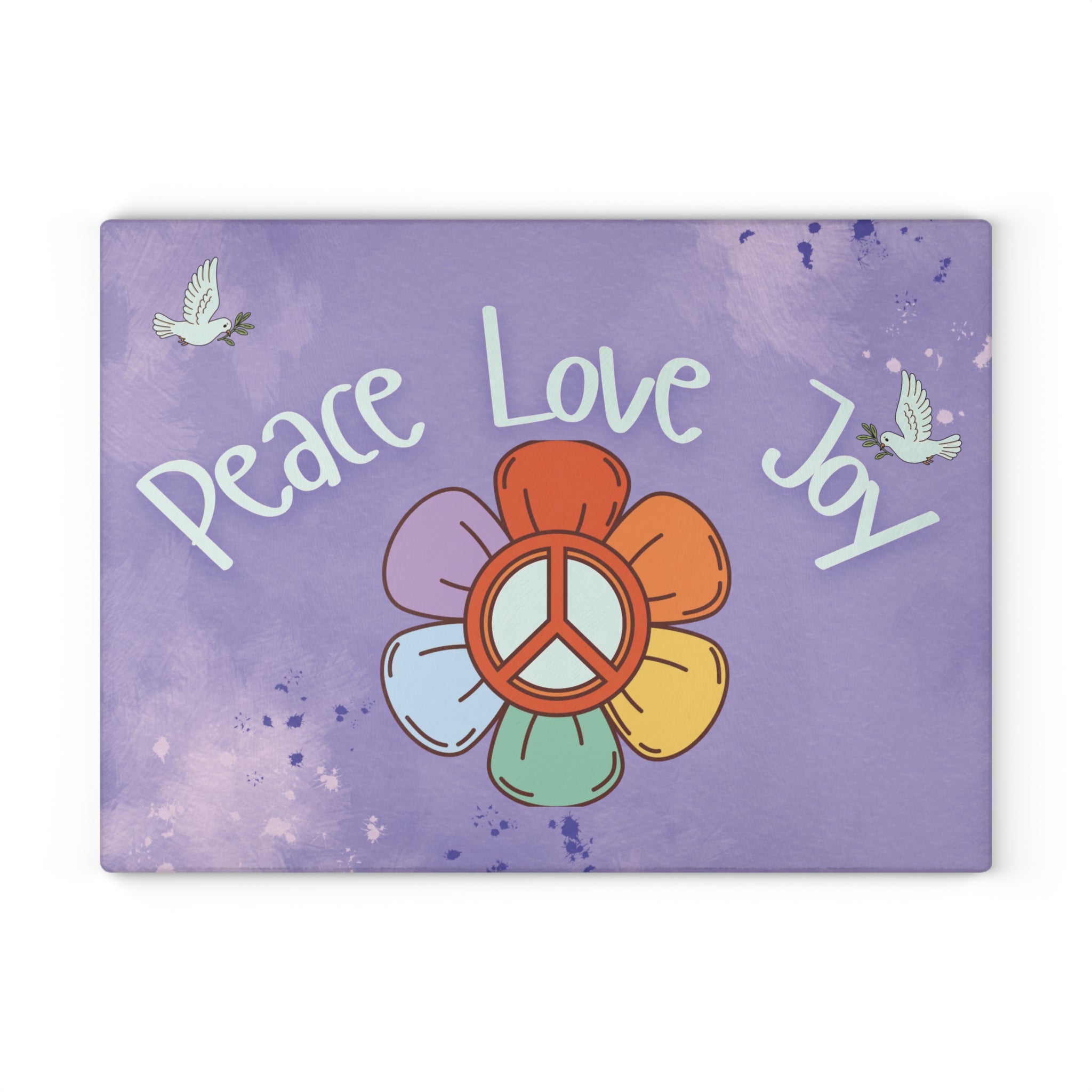Peace Love Joy Glass Cutting Board — Retro Flower Peace Sign Kitchen Decor