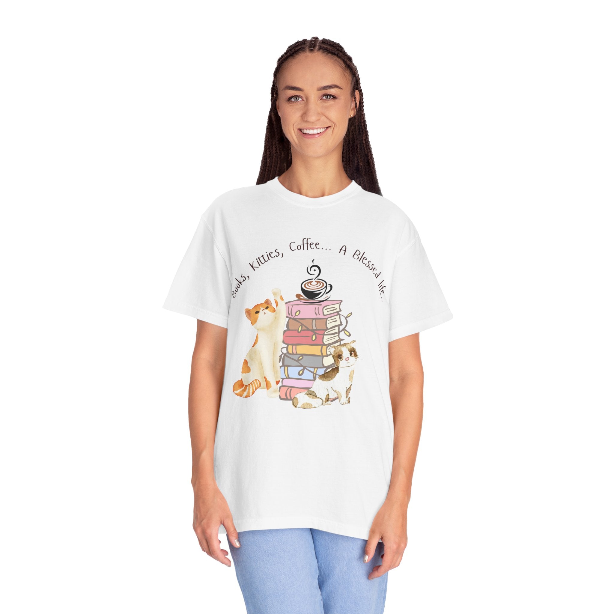 Adult Female Books, Kitties & Coffee Relaxed Tee;  A Blessed Life