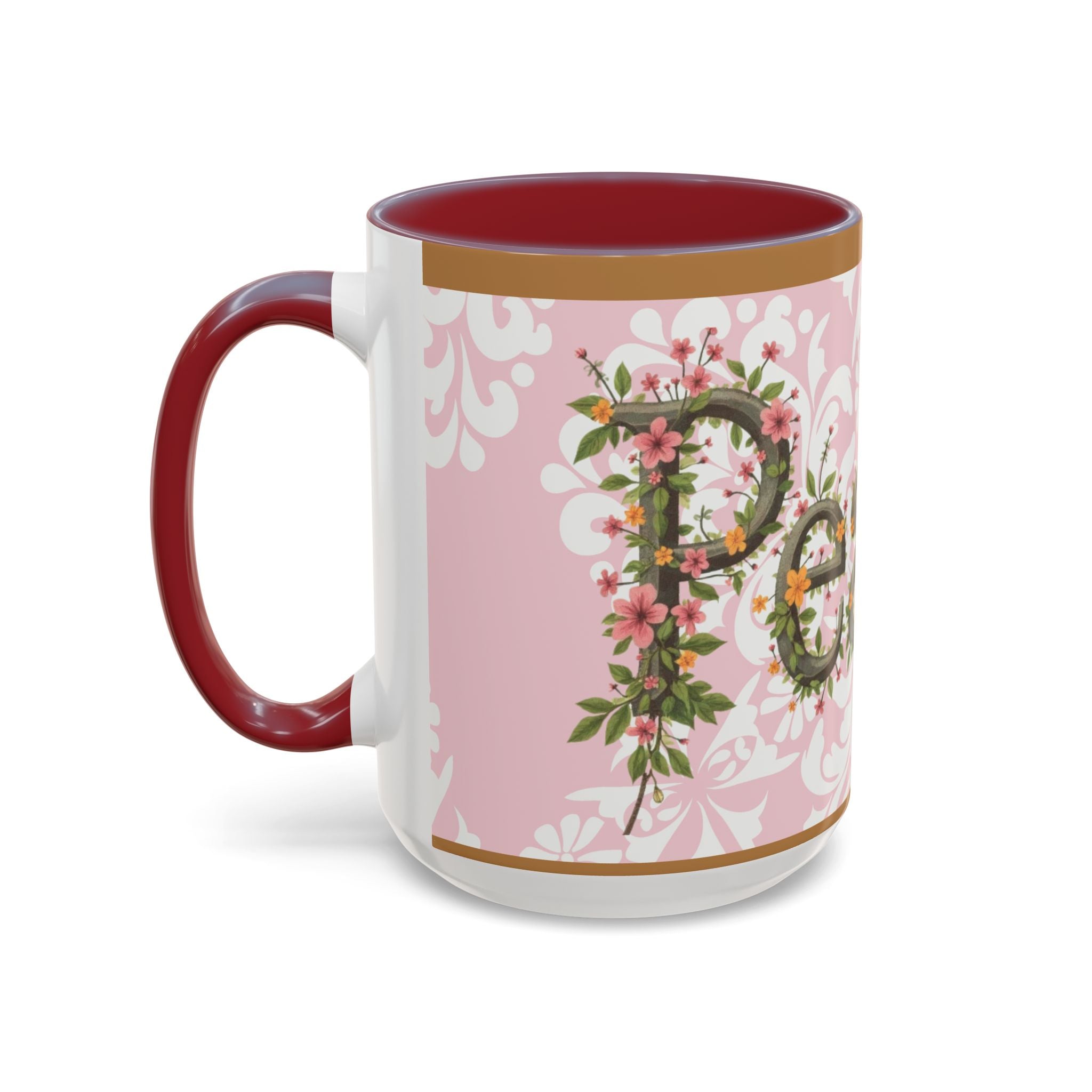 Peace and Love Coffee Mug — John 14:27 Pink Damask & Olive Floral Accent(11, 15oz)