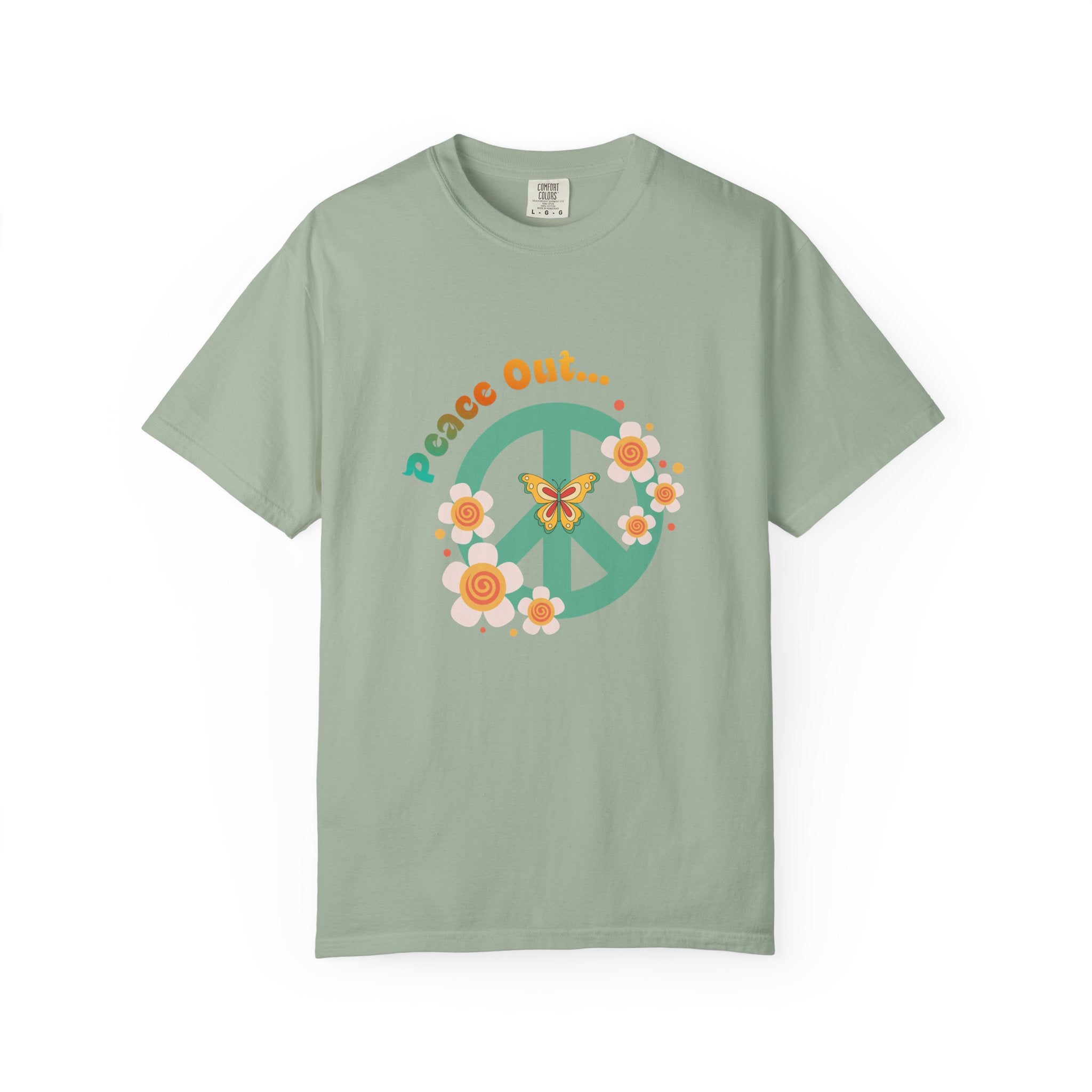 Peace Out T‑Shirt — Retro Floral Peace Sign Tee with ‘Peace Out…’ Text