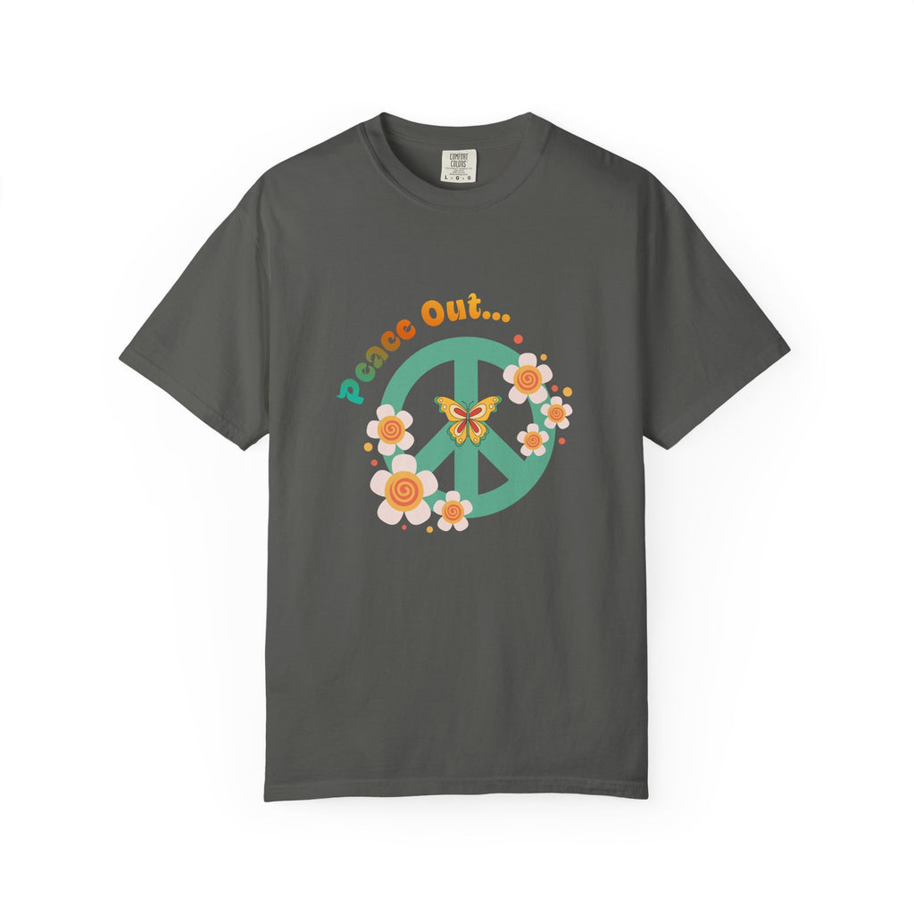 Peace Out T‑Shirt — Retro Floral Peace Sign Tee with ‘Peace Out…’ Text