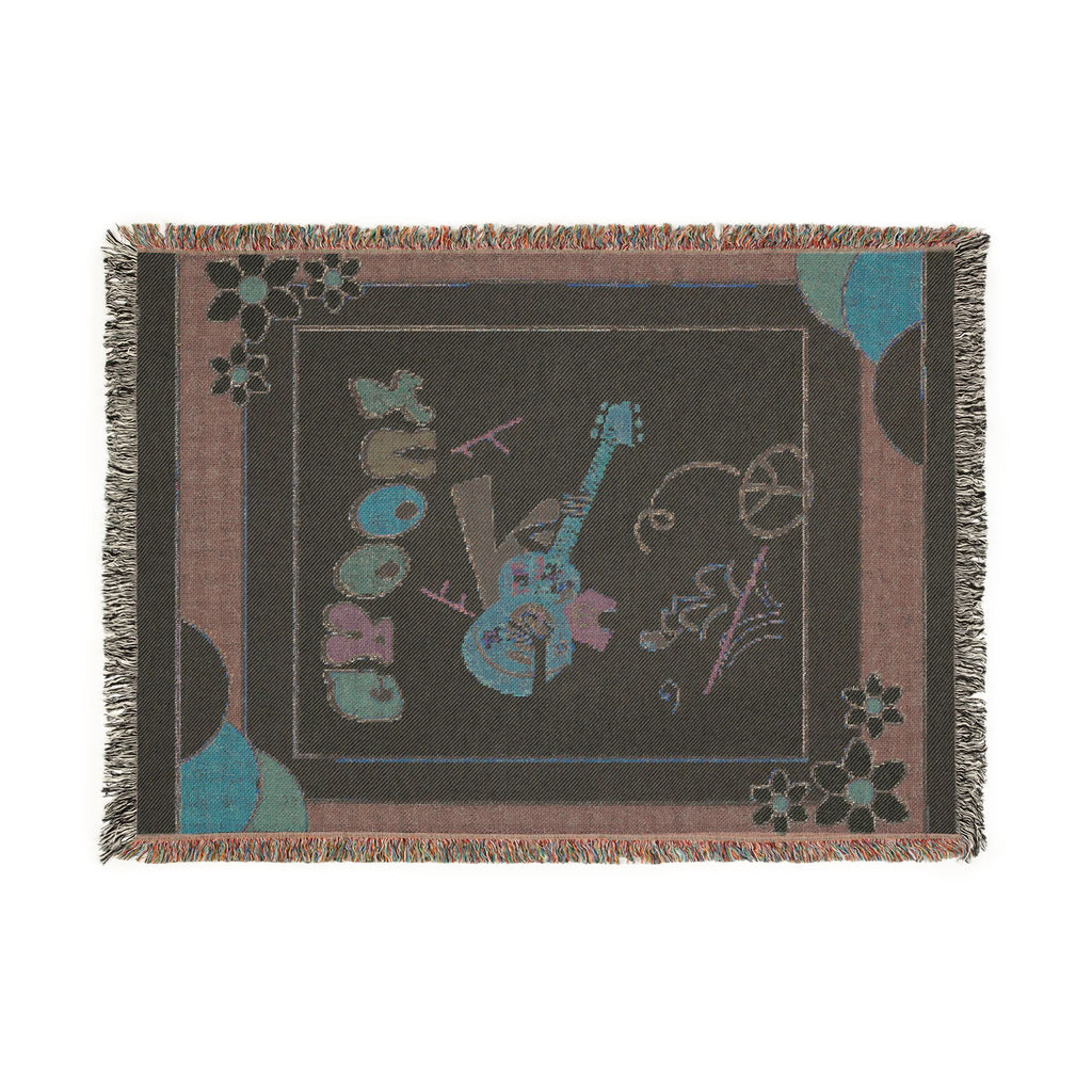 Groovy 70s Hippie Guitar Throw Blanket — Retro Teal & Mustard Woven Blanket