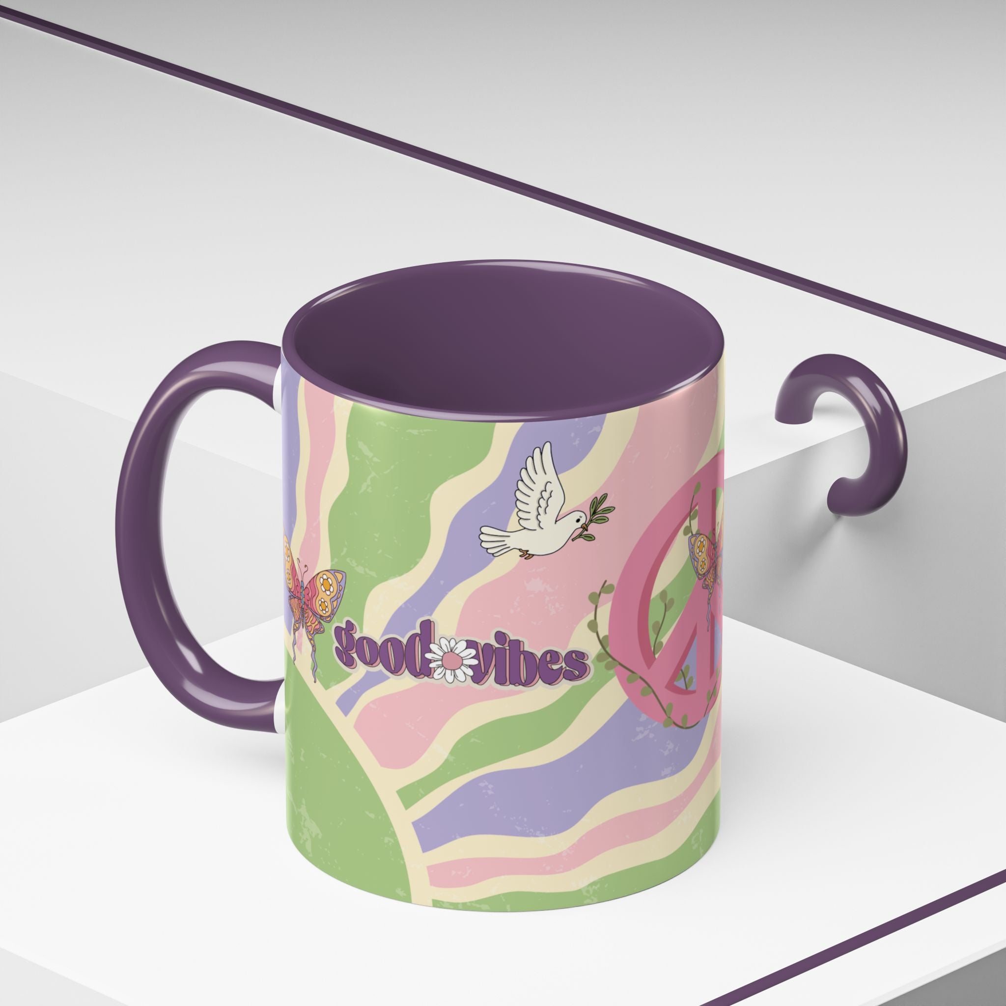 Peace & Love Good Vibes Ceramic Mug — Boho Butterfly & Dove Design (11, 15oz)