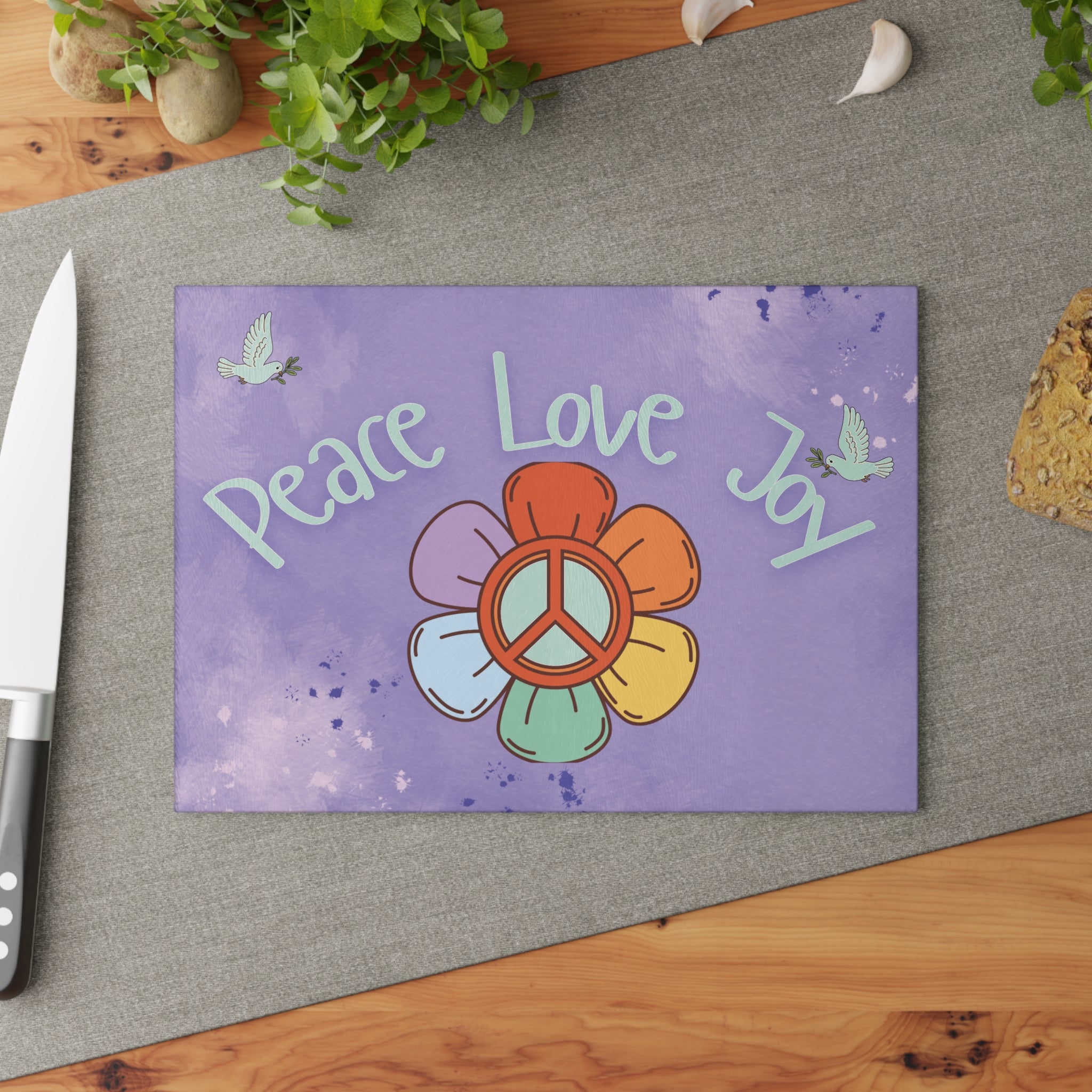 Peace Love Joy Glass Cutting Board — Retro Flower Peace Sign Kitchen Decor