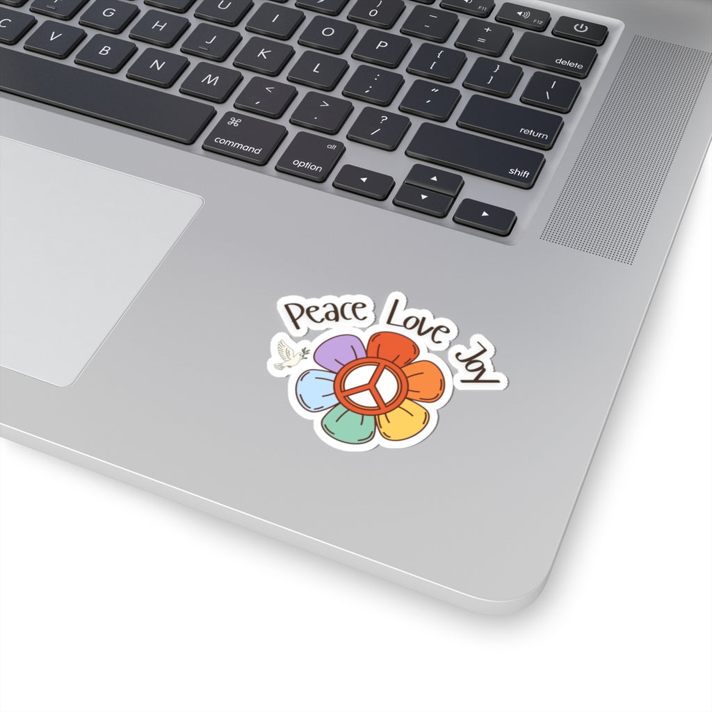 Peace Love Joy Kiss-Cut Sticker — Retro Flower Peace Sign Sticker for Laptops, Water Bottles & Journals