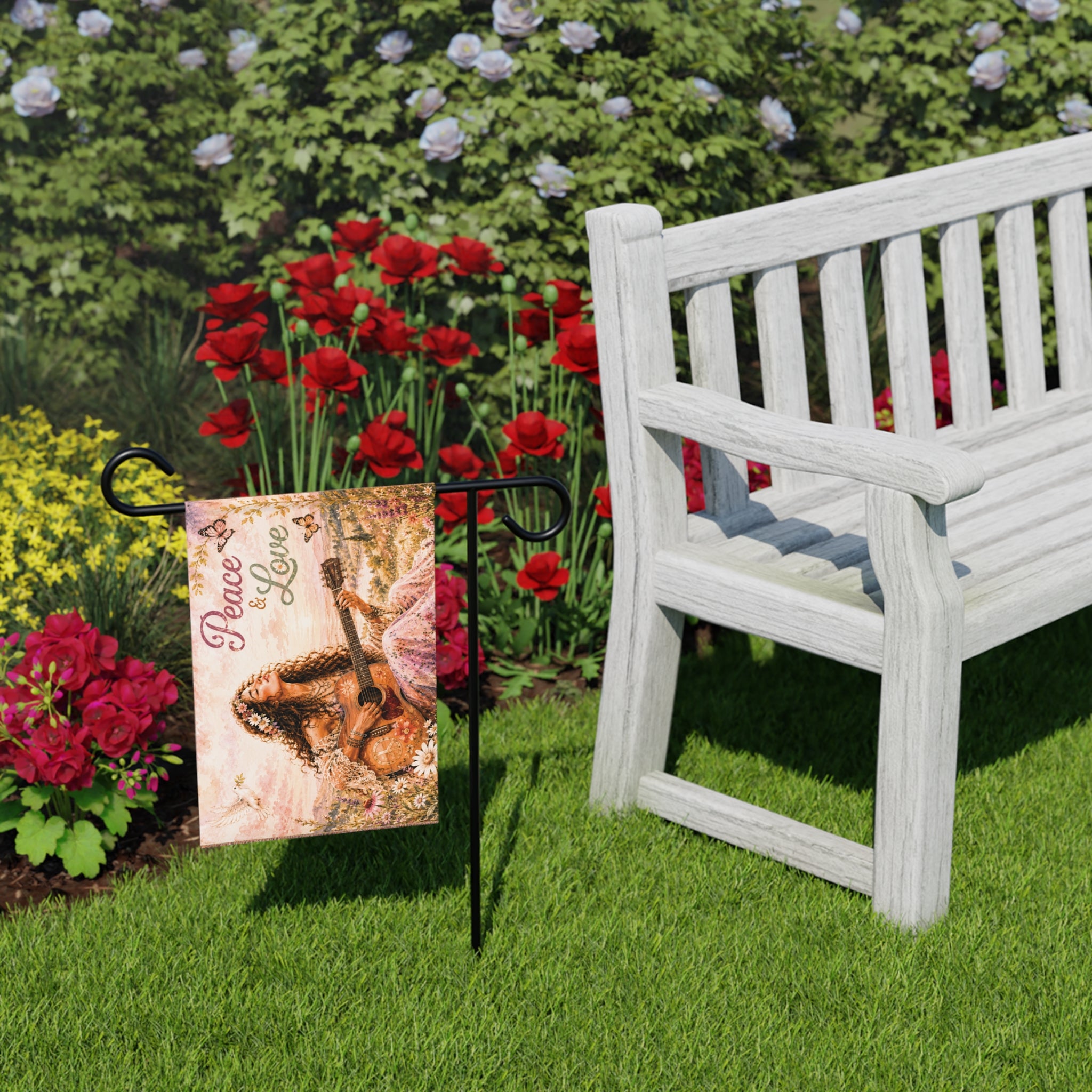Peace & Love Boho Garden Banner — Faith-Inspired Floral Garden Flag