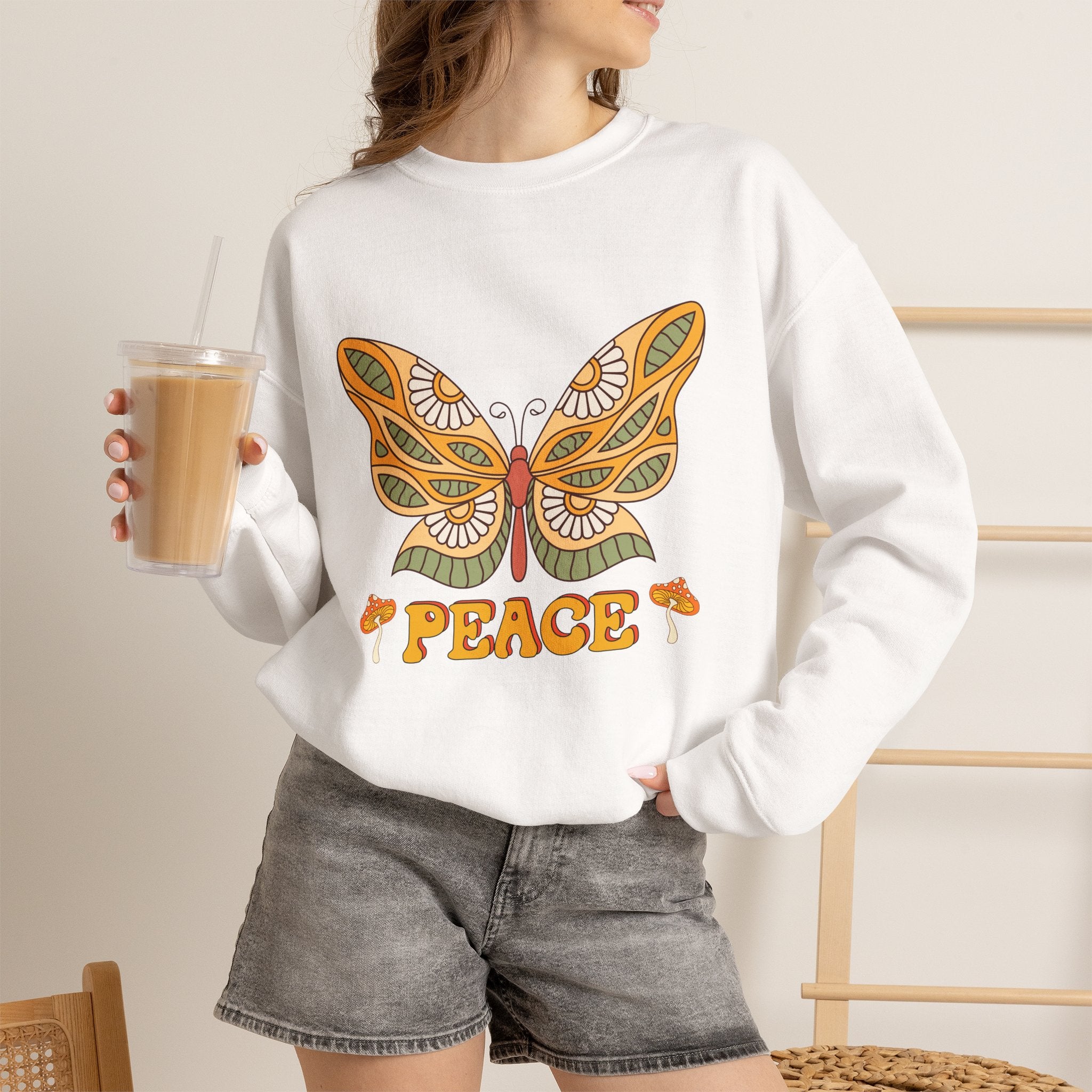 Peace and Love Butterfly Crewneck Sweatshirt — Retro Floral for Her