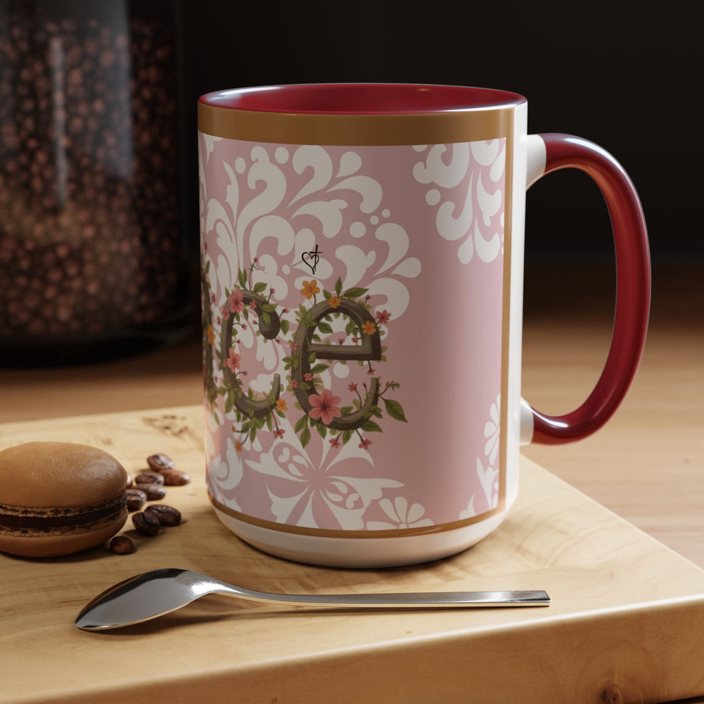 Peace and Love Coffee Mug — John 14:27 Pink Damask & Olive Floral Accent(11, 15oz)