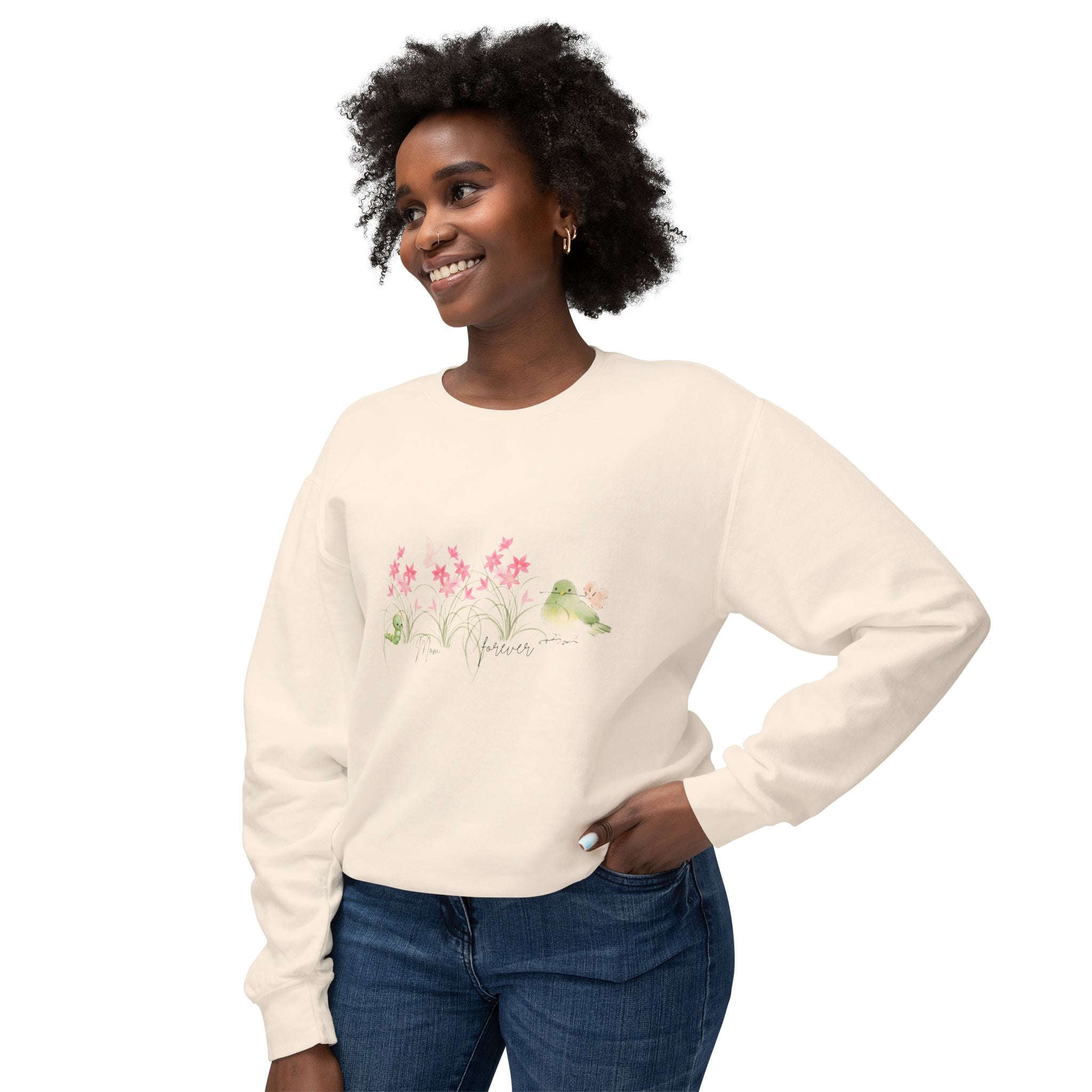 Female Adult Lightweight Crewneck Sweatshirt: Mom… Forever – Nurturing Floral