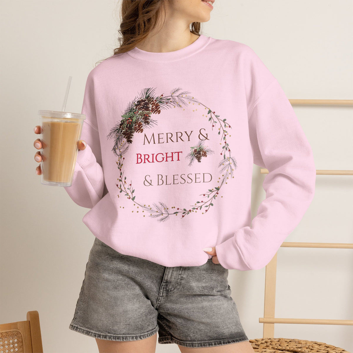 Merry & Bright & Blessed | Women's Christmas Crewneck Sweatshirt