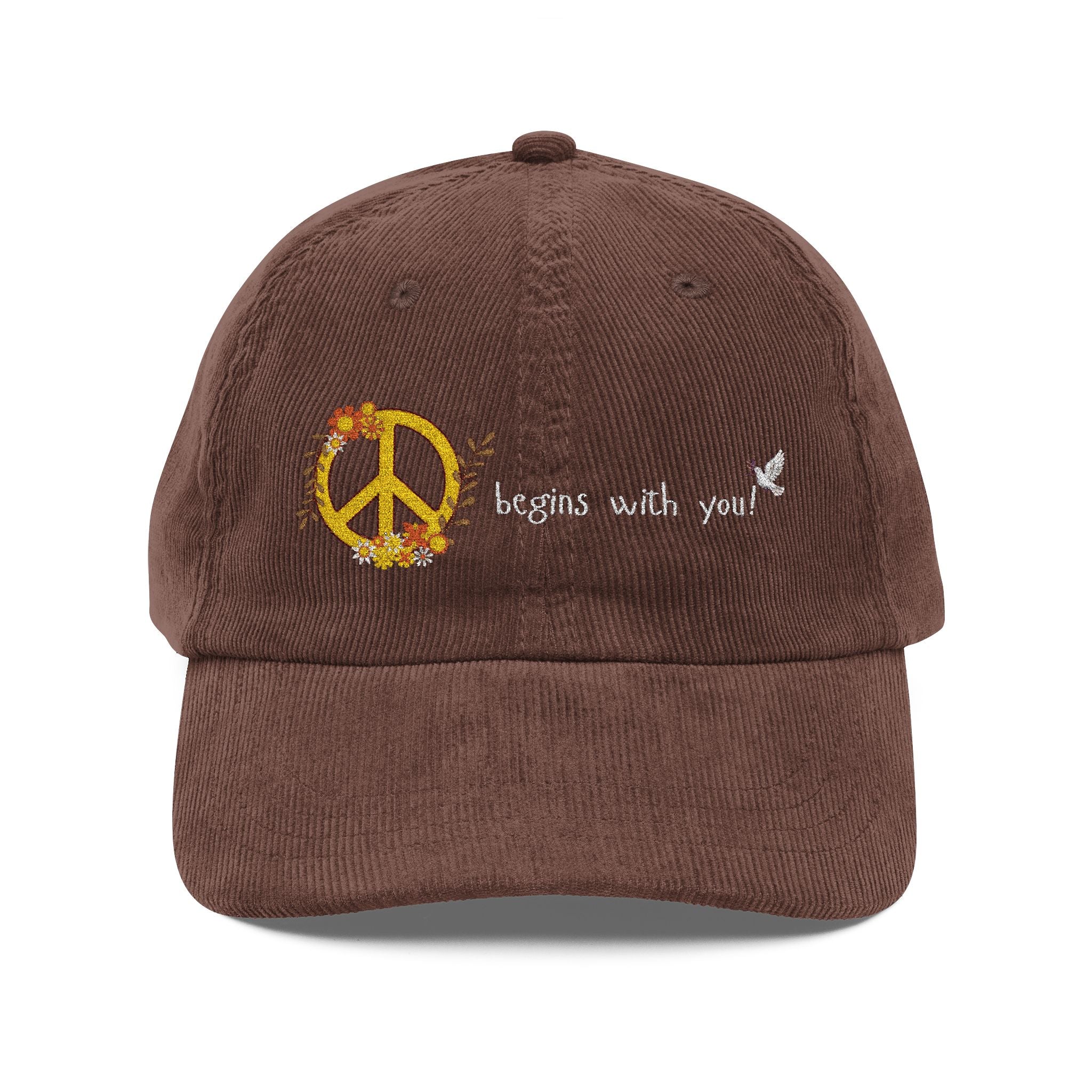 Adult Unisex Retro Corduroy Cap: Embroidered Peace I Give You