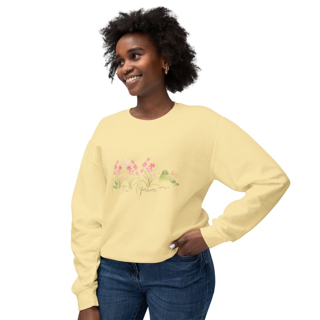 Female Adult Lightweight Crewneck Sweatshirt: Mom… Forever – Nurturing Floral