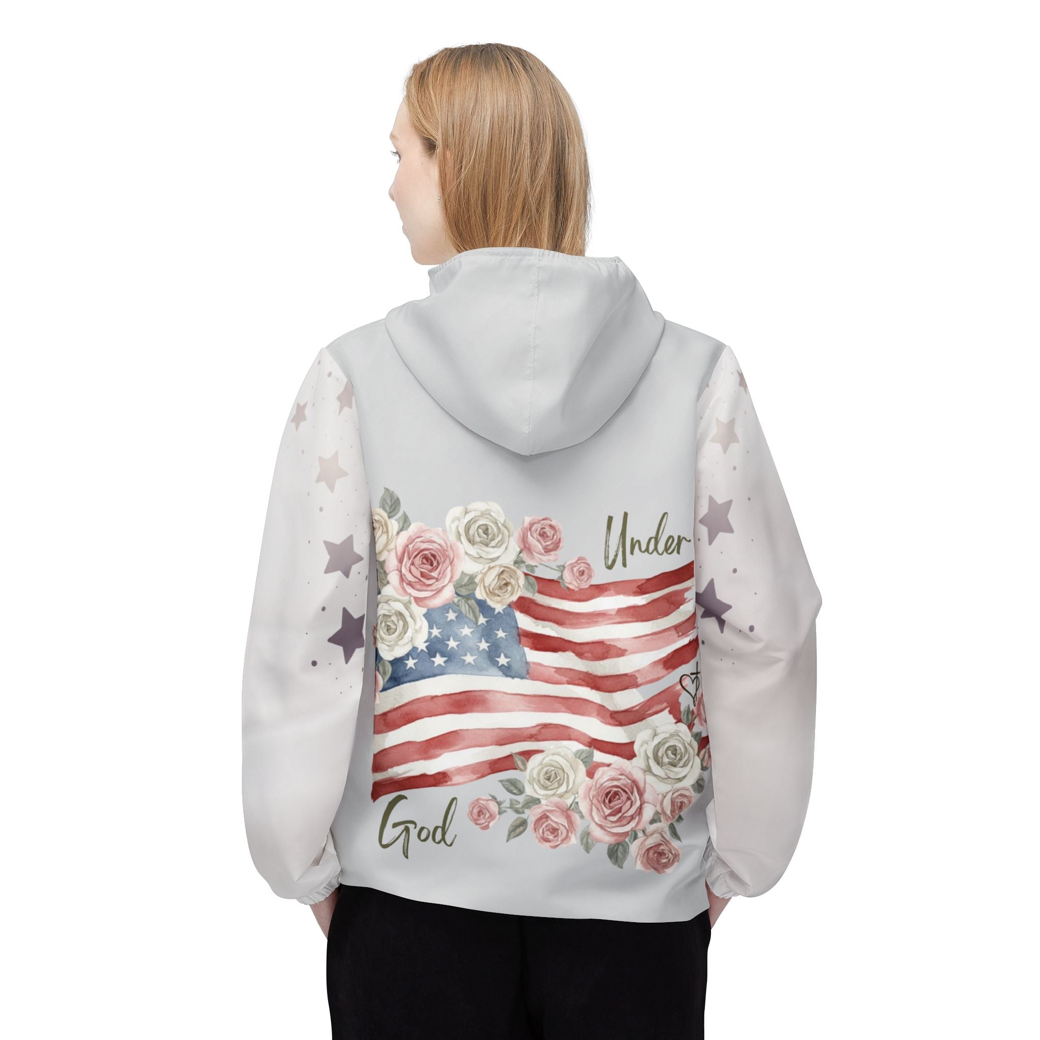 Under God | Gray Watercolor Roses & Flag Women's Windbreaker Jacket
