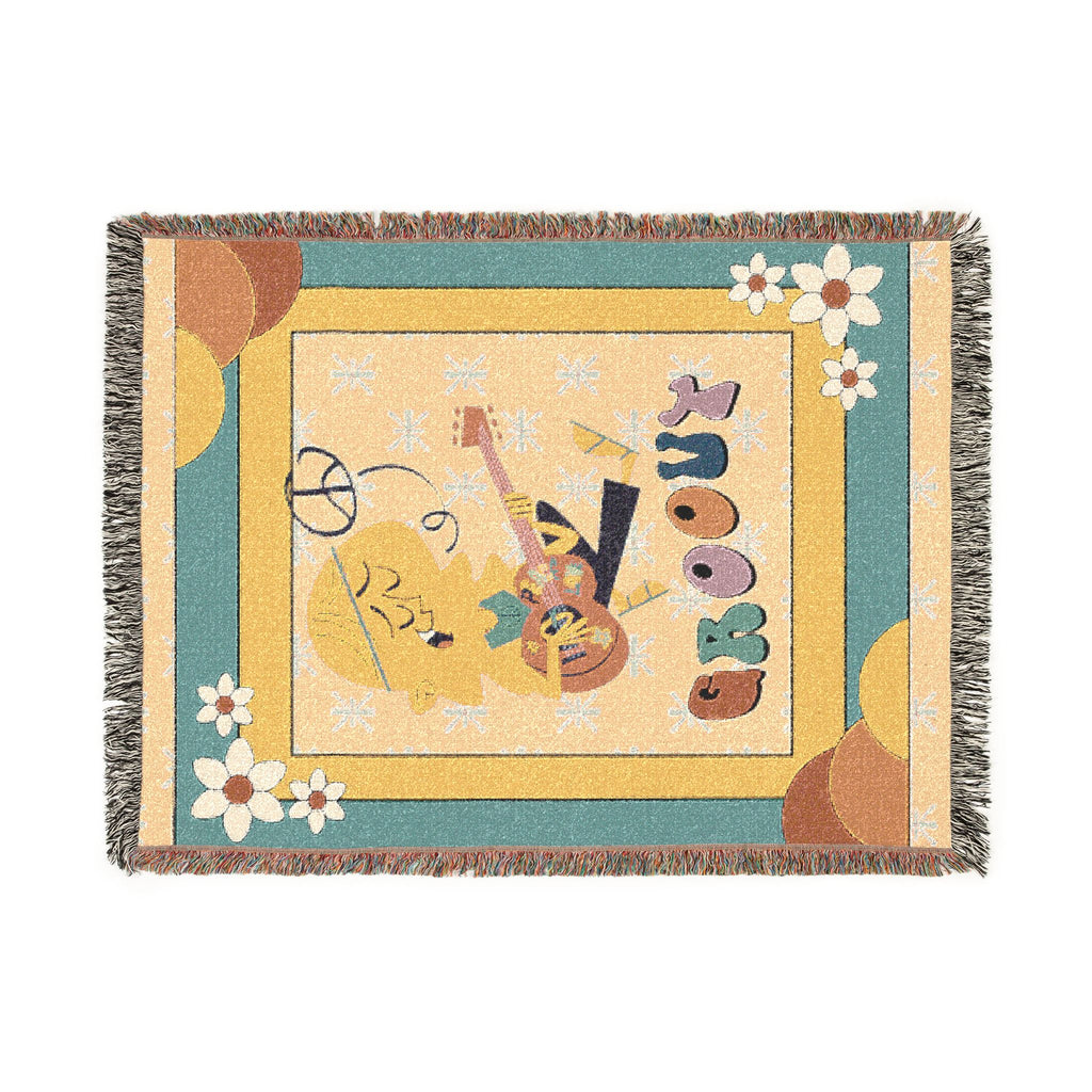 Groovy 70s Hippie Guitar Throw Blanket — Retro Teal & Mustard Woven Blanket
