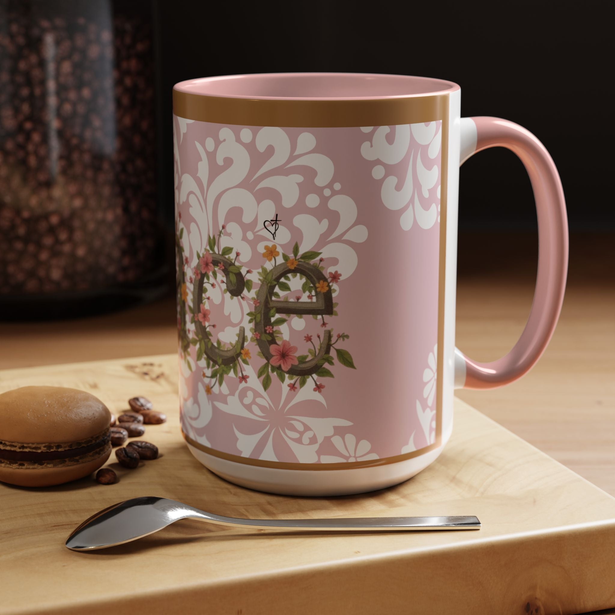 Peace and Love Coffee Mug — John 14:27 Pink Damask & Olive Floral Accent(11, 15oz)