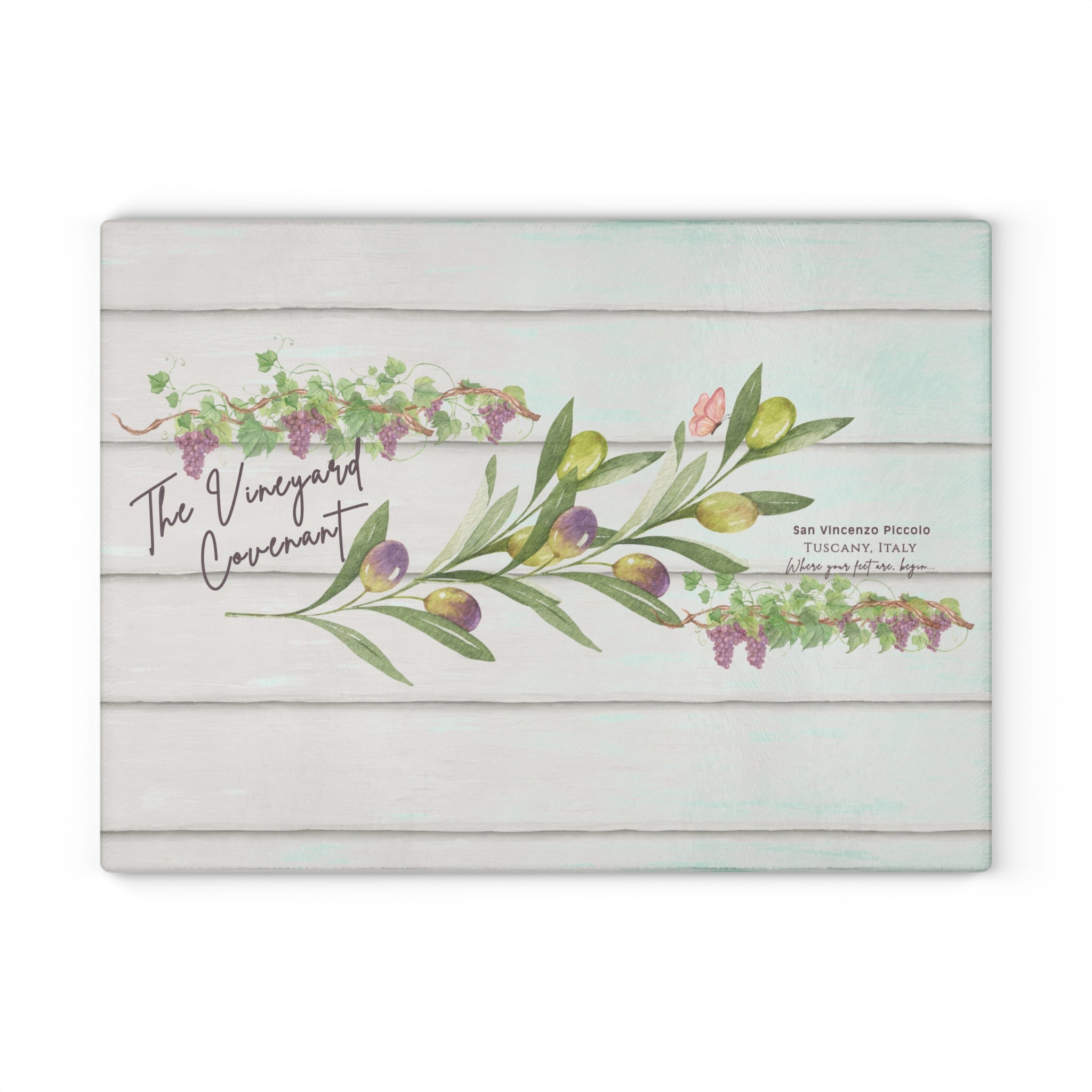 The Vineyard Covenant Glass Cutting Board — Faith-Inspired Kitchen Decor