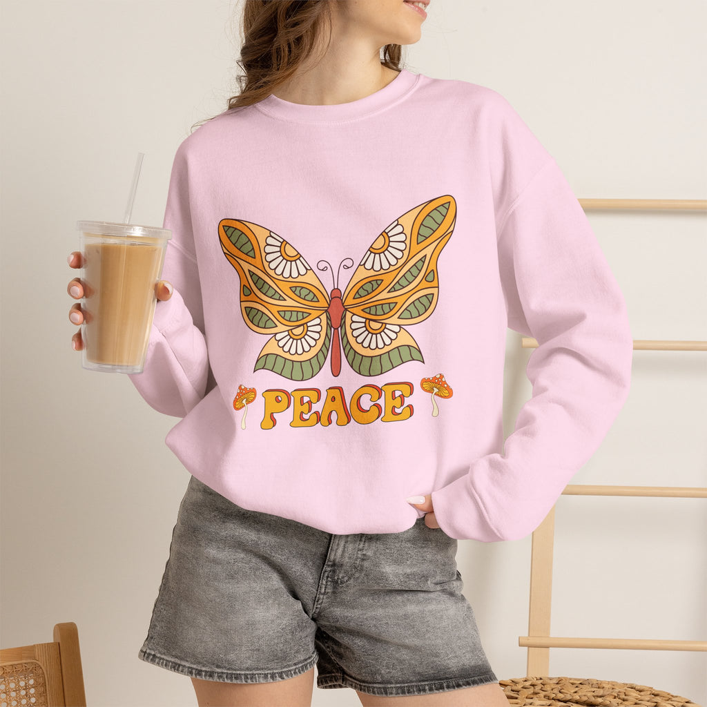Peace Butterfly Crewneck Sweatshirt — Retro Floral Graphic Pullover
