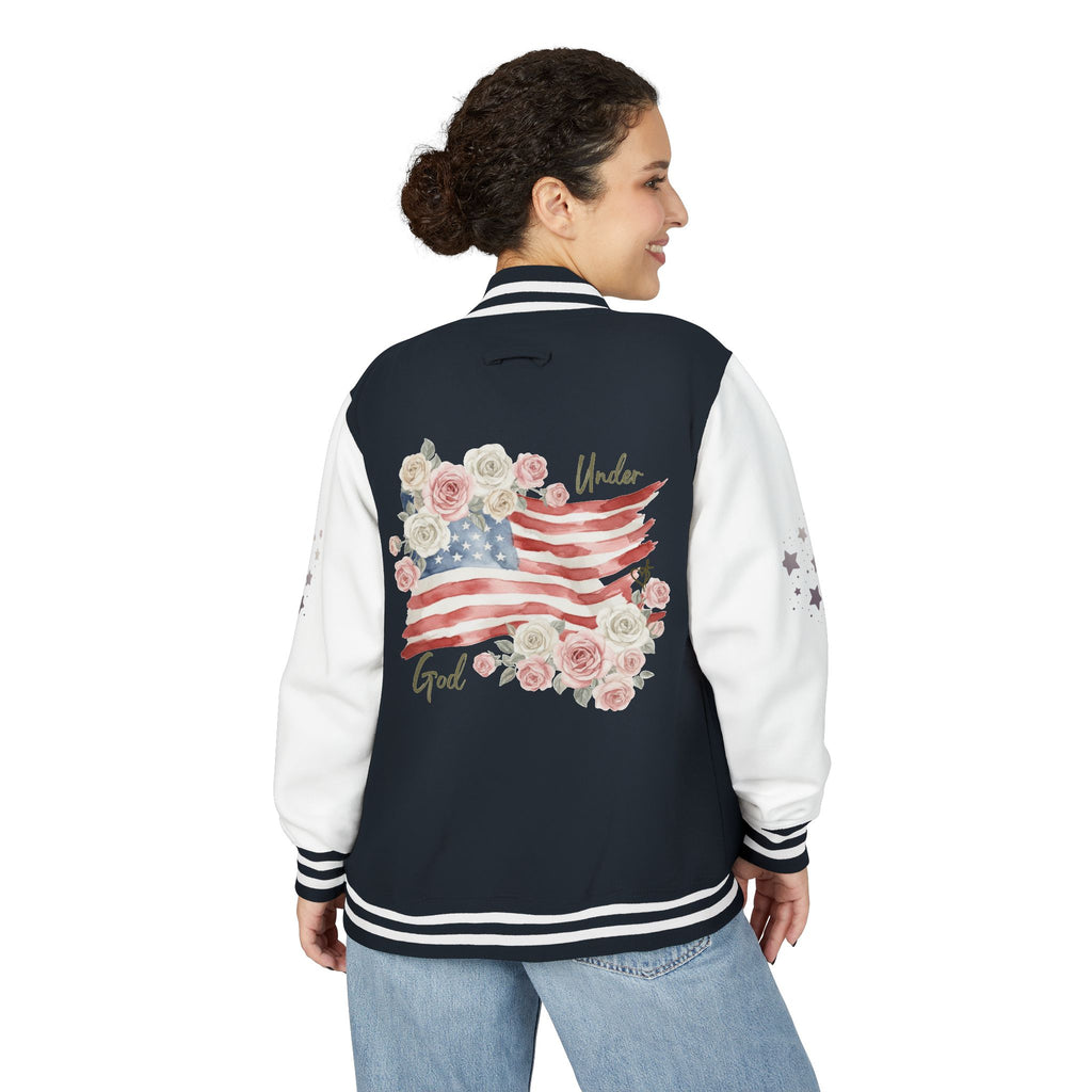 Under God | Watercolor Flag & Roses Varsity Jacket Adult Female