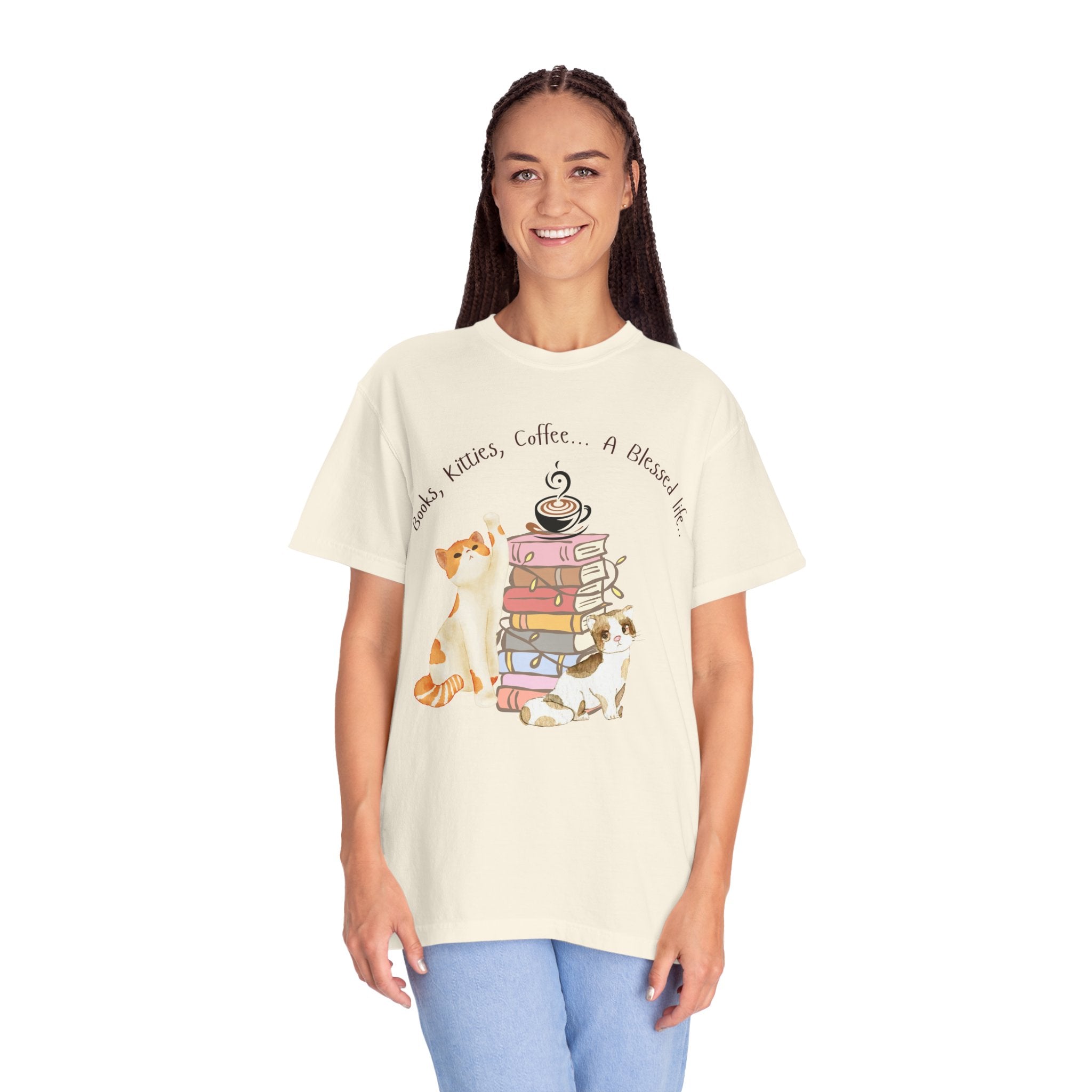 Adult Female Books, Kitties & Coffee Relaxed Tee;  A Blessed Life