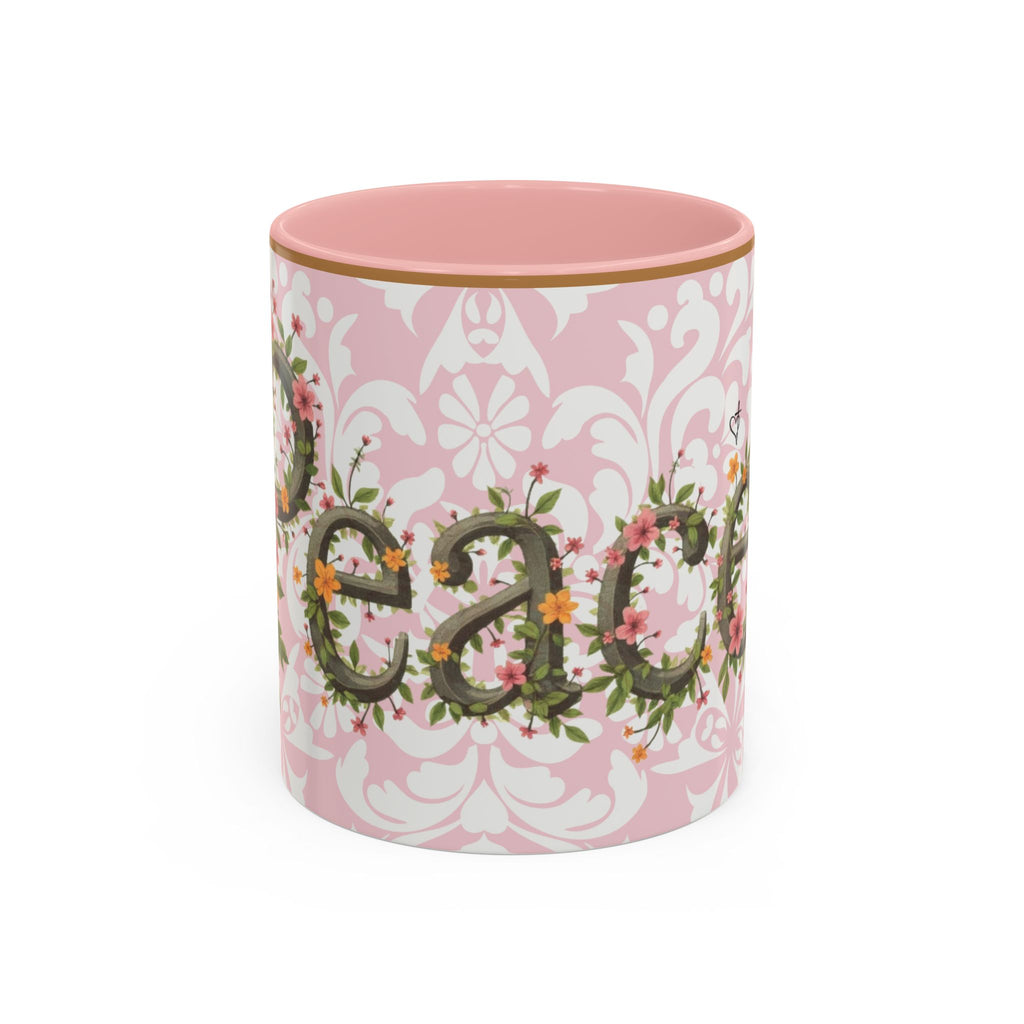Peace and Love Coffee Mug — John 14:27 Pink Damask & Olive Floral Accent(11, 15oz)