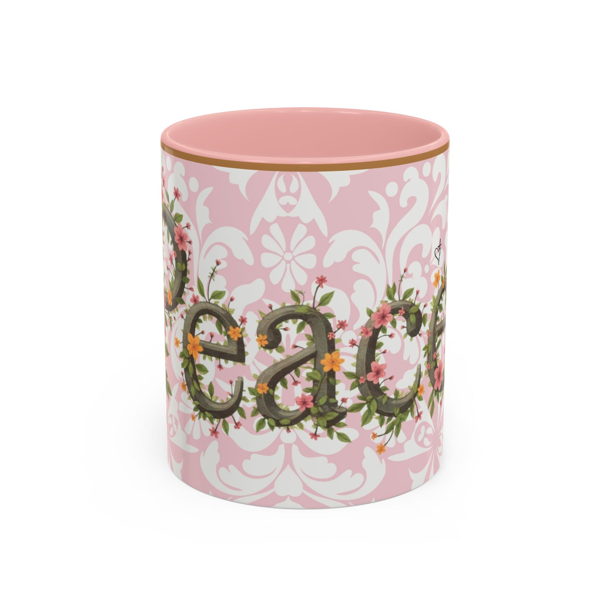 Peace and Love Coffee Mug — John 14:27 Pink Damask & Olive Floral Accent(11, 15oz)