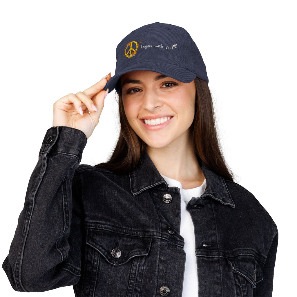 Adult Unisex Retro Corduroy Cap: Embroidered Peace I Give You