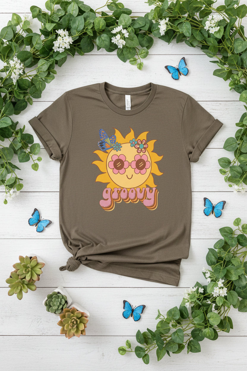 Peace and Love Groovy Sunflower Tee — 70s Retro Sun Graphic For Her
