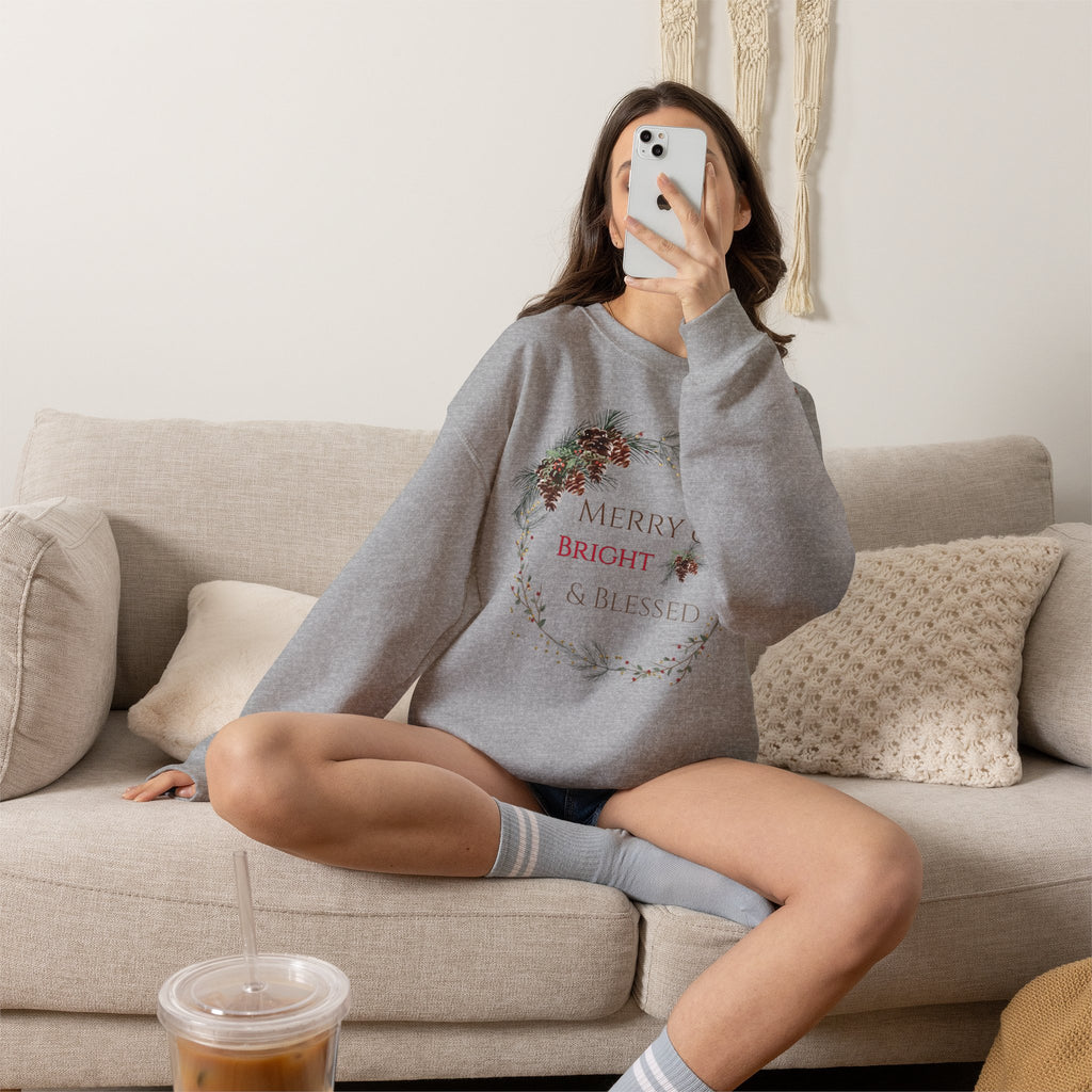 Merry & Bright & Blessed | Women's Christmas Crewneck Sweatshirt