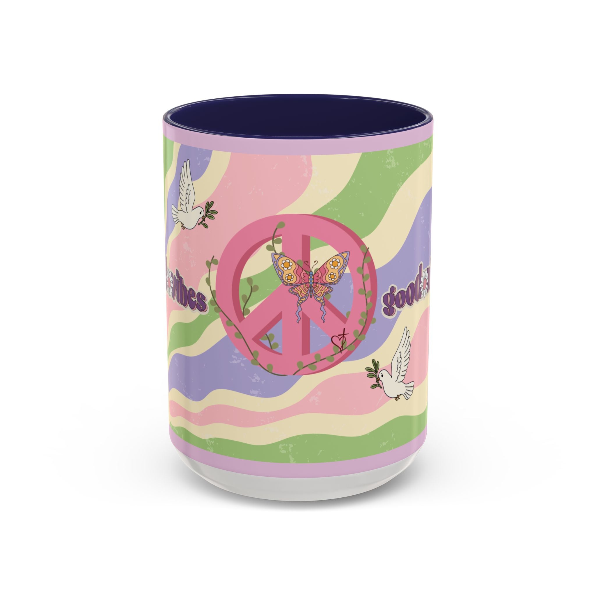 Peace & Love Good Vibes Ceramic Mug — Boho Butterfly & Dove Design (11, 15oz)