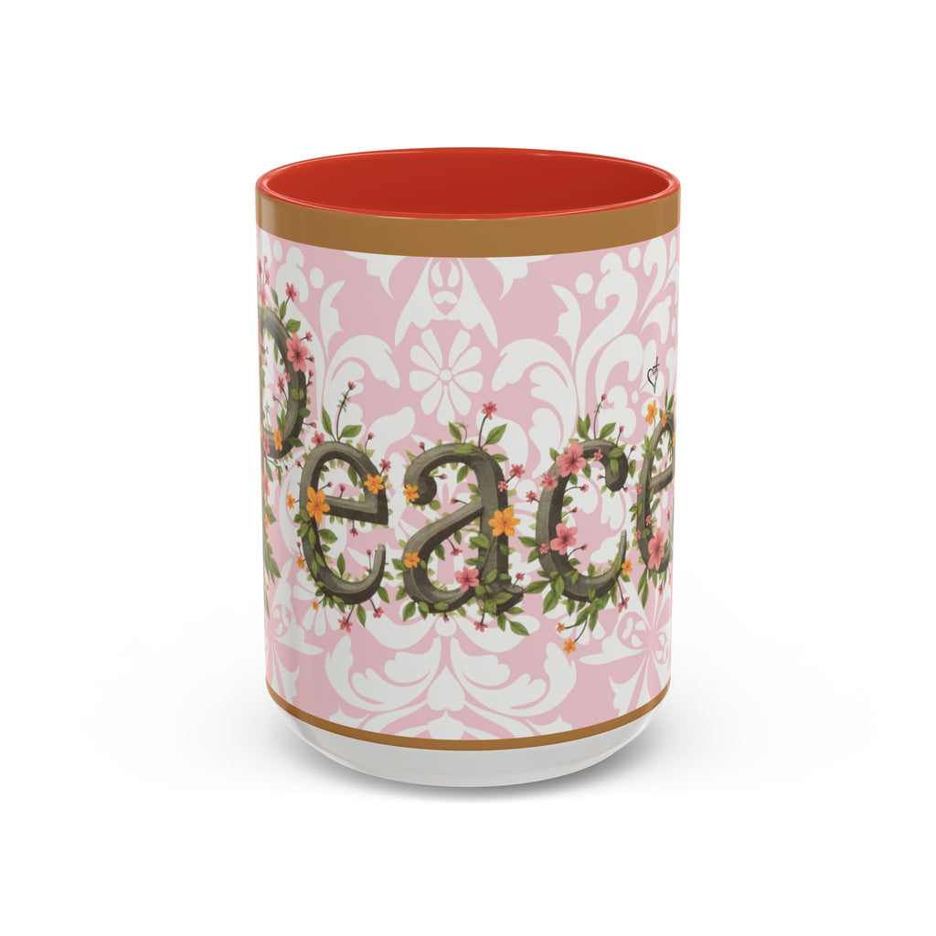 Peace and Love Coffee Mug — John 14:27 Pink Damask & Olive Floral Accent(11, 15oz)