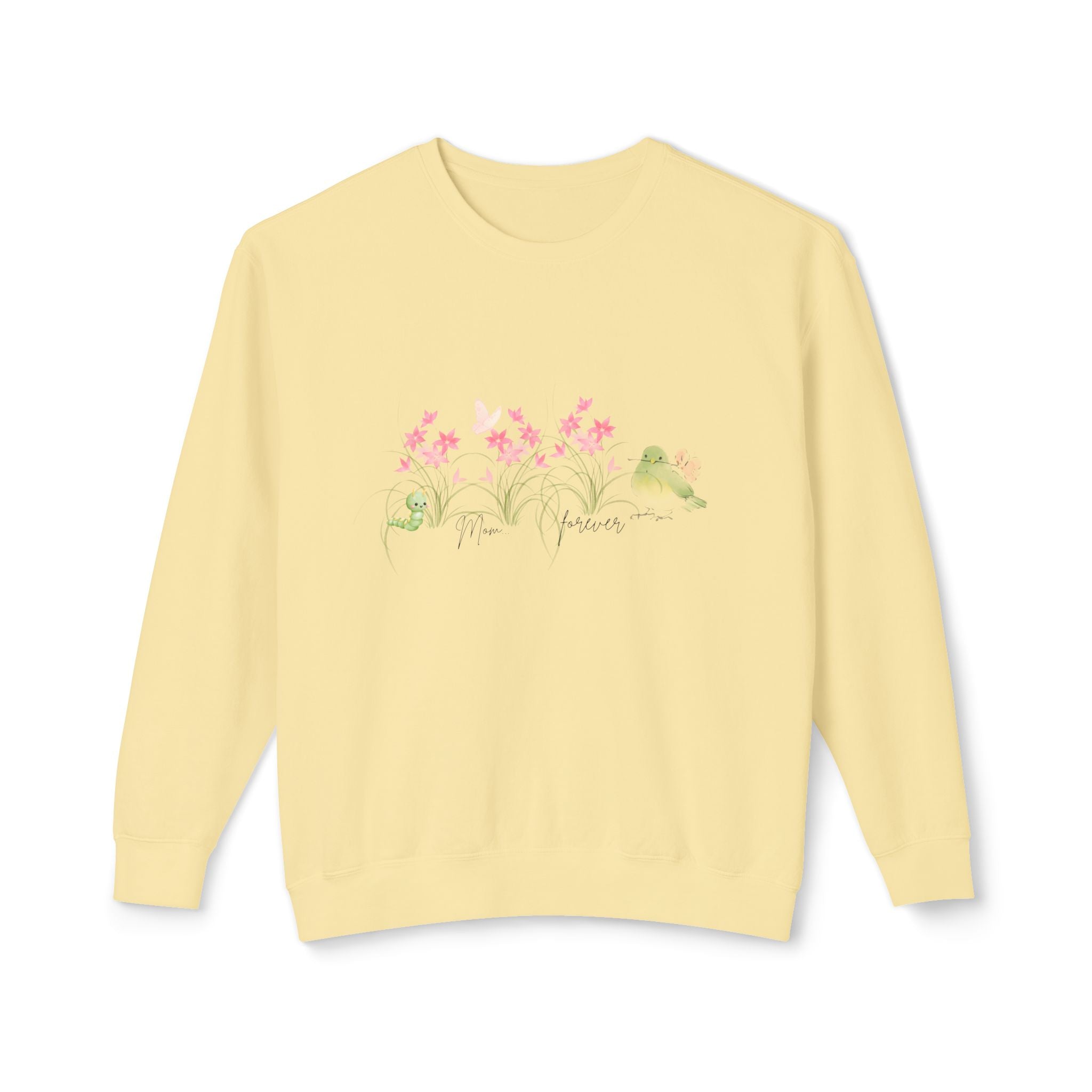 Female Adult Lightweight Crewneck Sweatshirt: Mom… Forever – Nurturing Floral