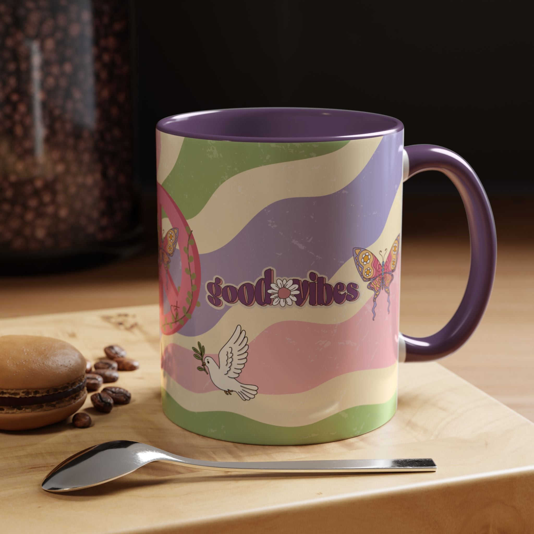 Peace & Love Good Vibes Ceramic Mug — Boho Butterfly & Dove Design (11, 15oz)