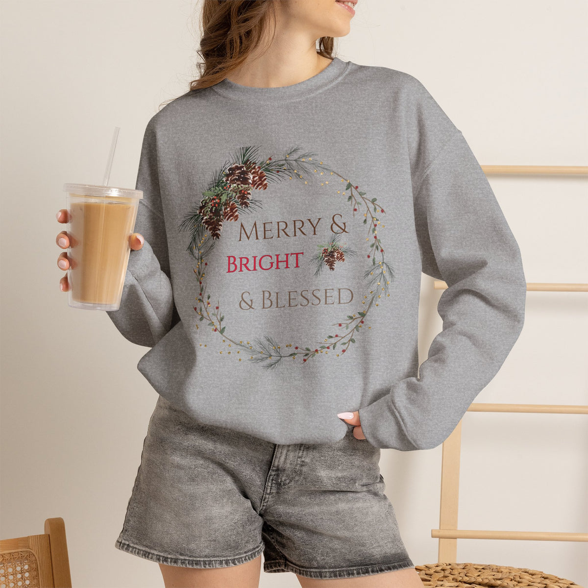 Merry & Bright & Blessed | Women's Christmas Crewneck Sweatshirt
