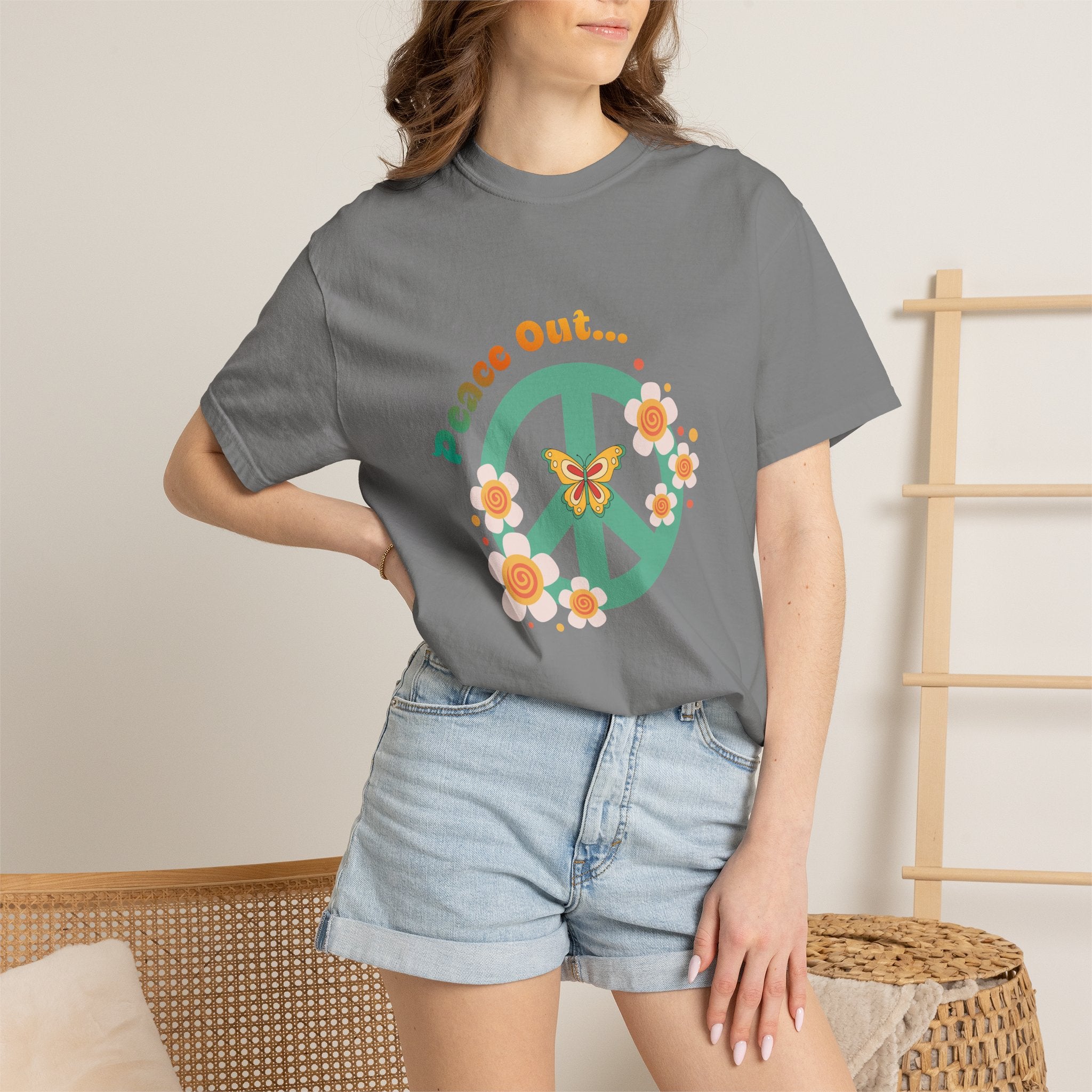 Peace and Love Retro Floral Peace Sign Tee with ‘Peace Out…’ for Her