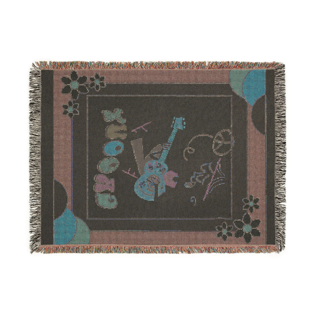 Groovy 70s Hippie Guitar Throw Blanket — Retro Teal & Mustard Woven Blanket