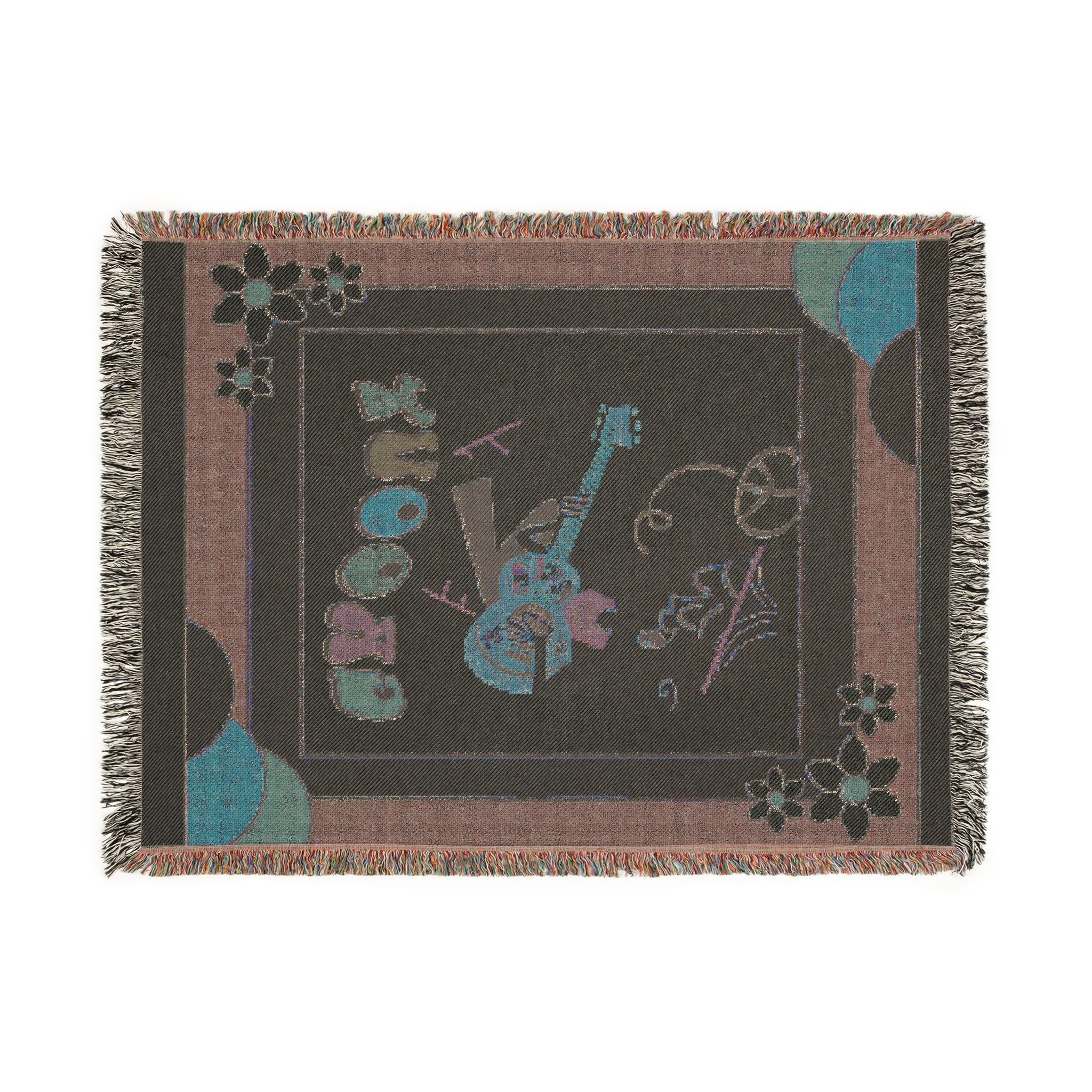 Groovy 70s Hippie Guitar Throw Blanket — Retro Teal & Mustard Woven Blanket