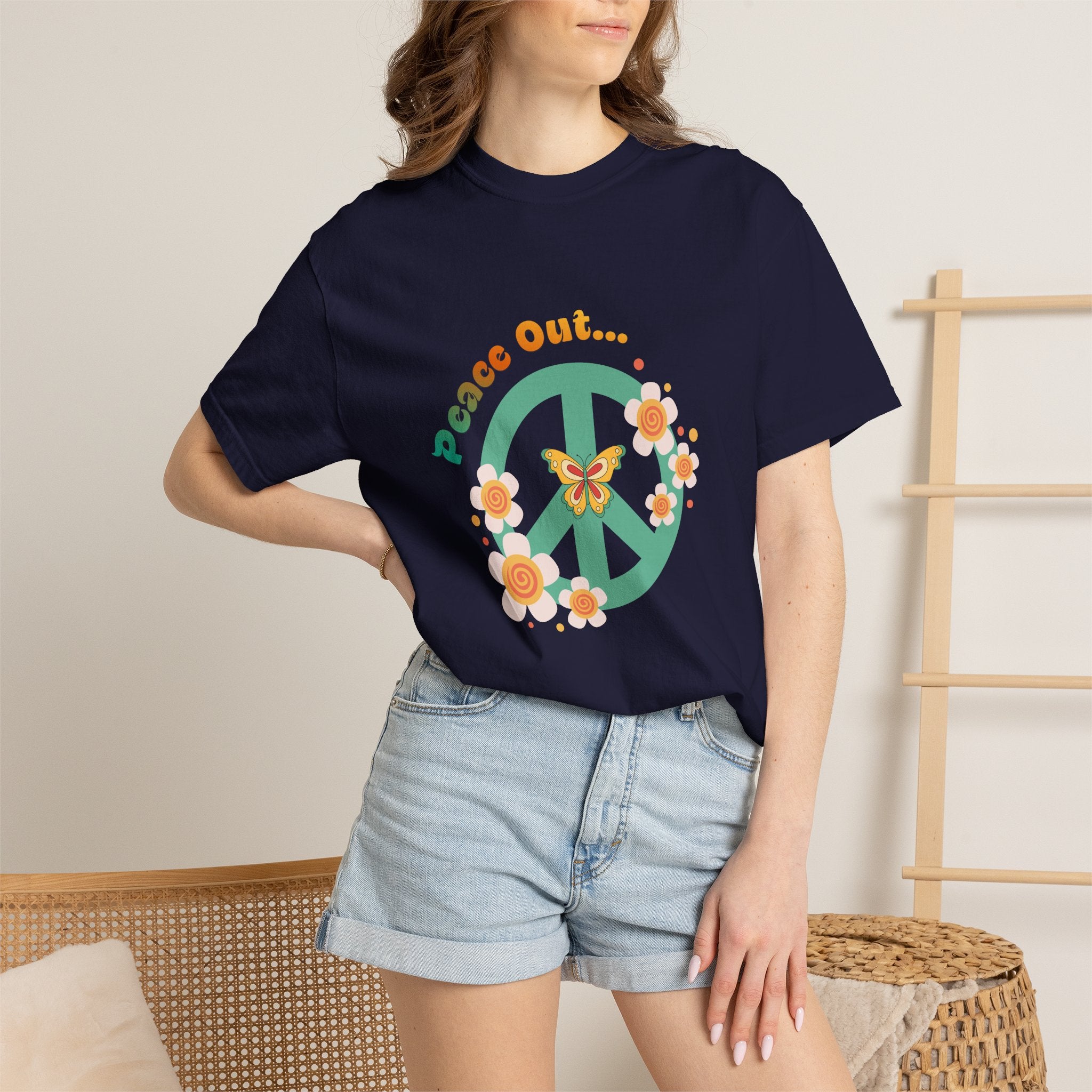 Peace and Love Retro Floral Peace Sign Tee with ‘Peace Out…’ for Her