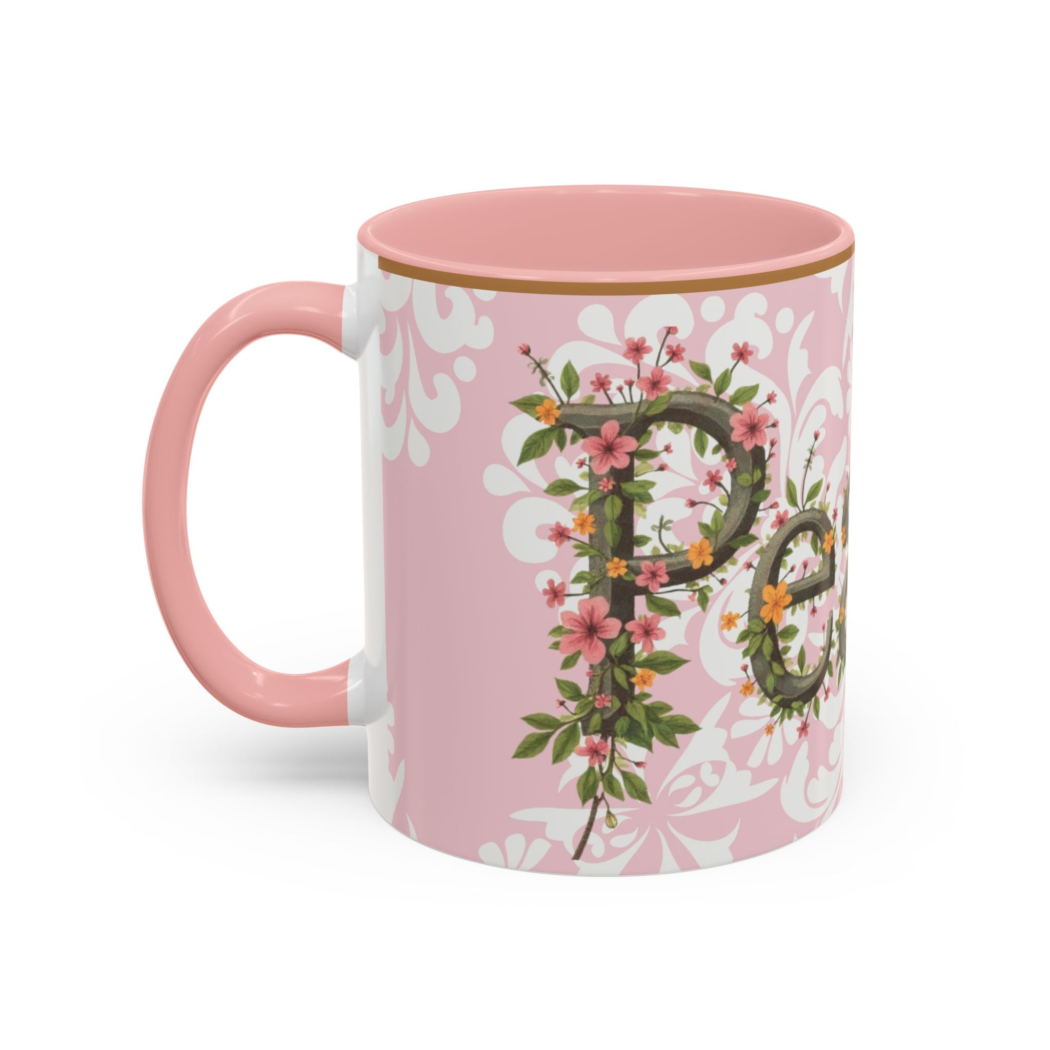 Peace and Love Coffee Mug — John 14:27 Pink Damask & Olive Floral Accent(11, 15oz)