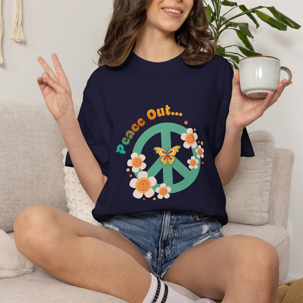 Peace Out T‑Shirt — Retro Floral Peace Sign Tee with ‘Peace Out…’ Text
