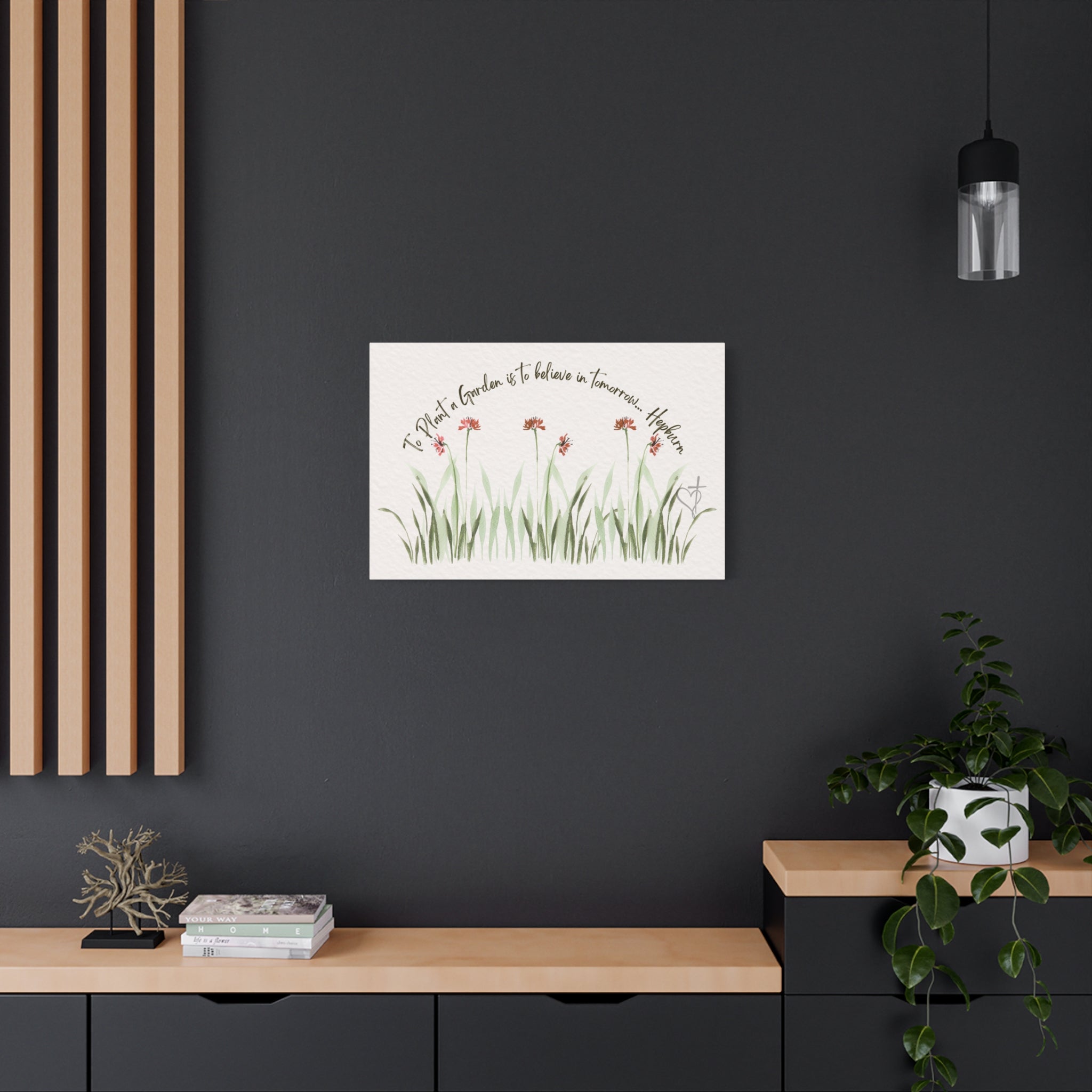 To Plant a Garden Is to Believe in Tomorrow Canvas Print – Audrey Hepburn Quote (Beige) Matte Stretched Wall Art