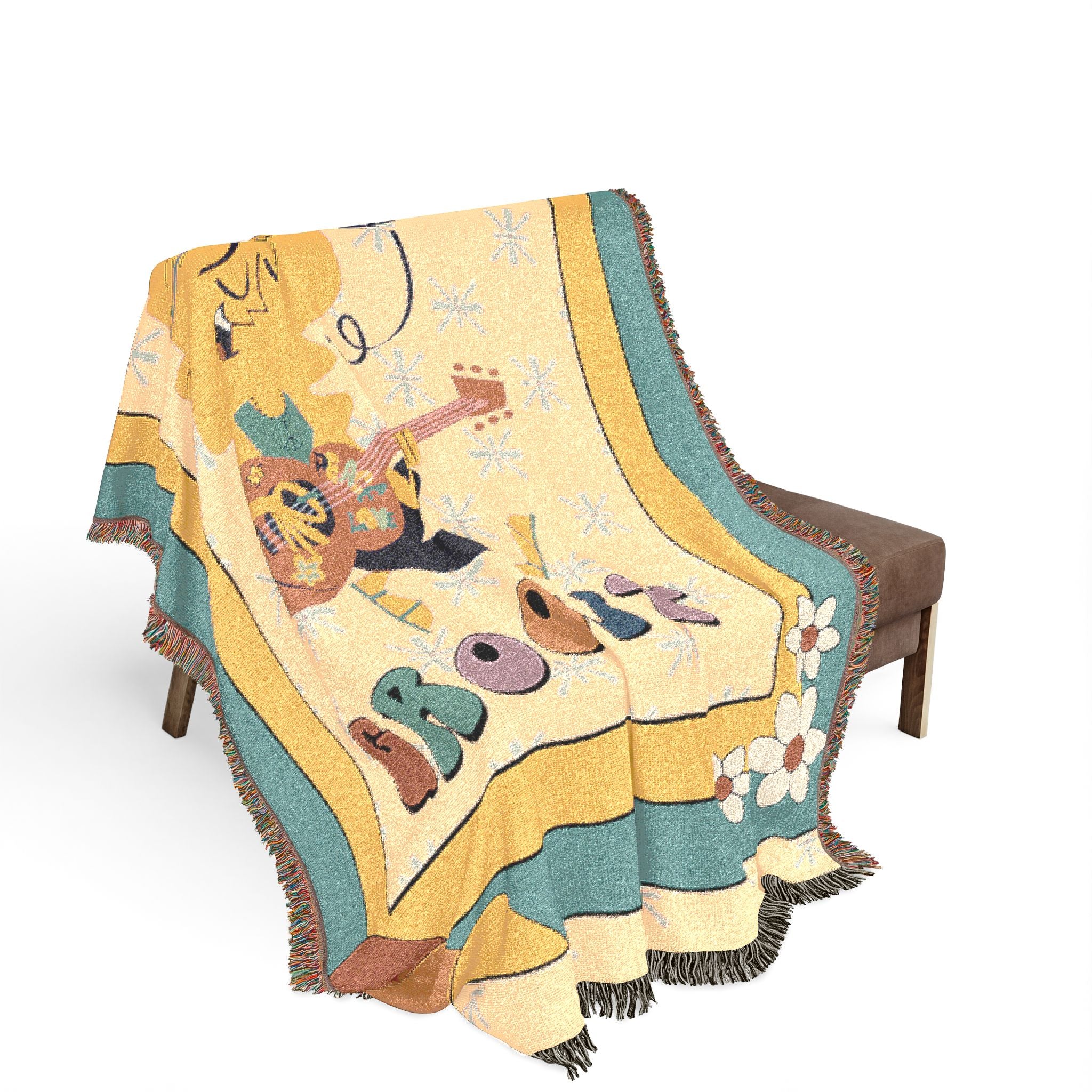 Groovy 70s Hippie Guitar Throw Blanket — Retro Teal & Mustard Woven Blanket