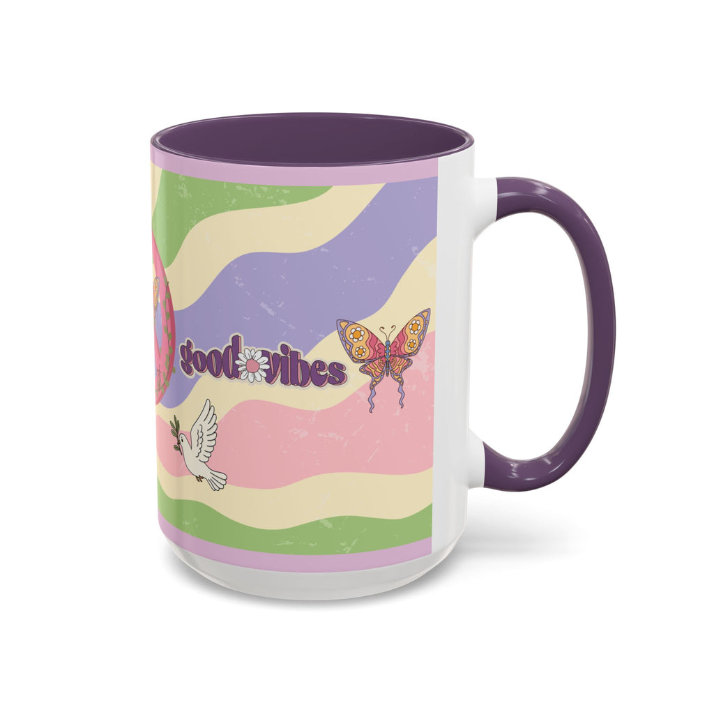 Peace & Love Good Vibes Ceramic Mug — Boho Butterfly & Dove Design (11, 15oz)