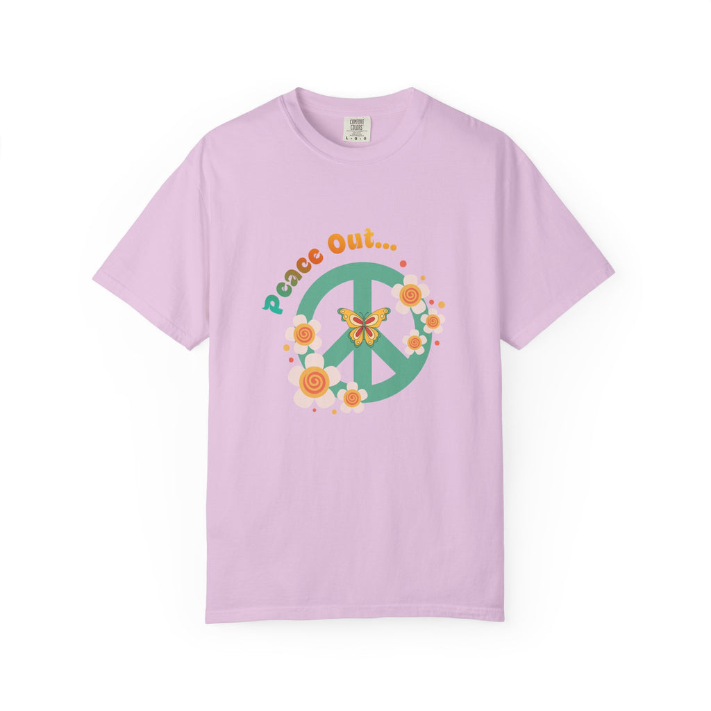 Peace Out T‑Shirt — Retro Floral Peace Sign Tee with ‘Peace Out…’ Text