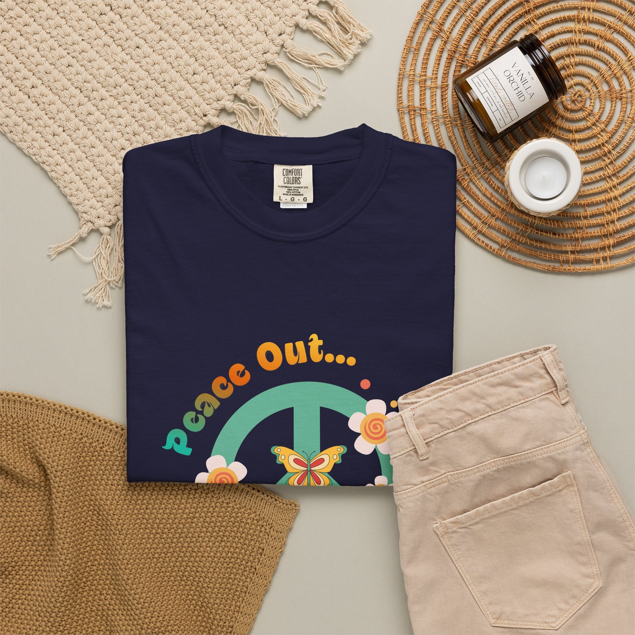 Peace Out T‑Shirt — Retro Floral Peace Sign Tee with ‘Peace Out…’ Text