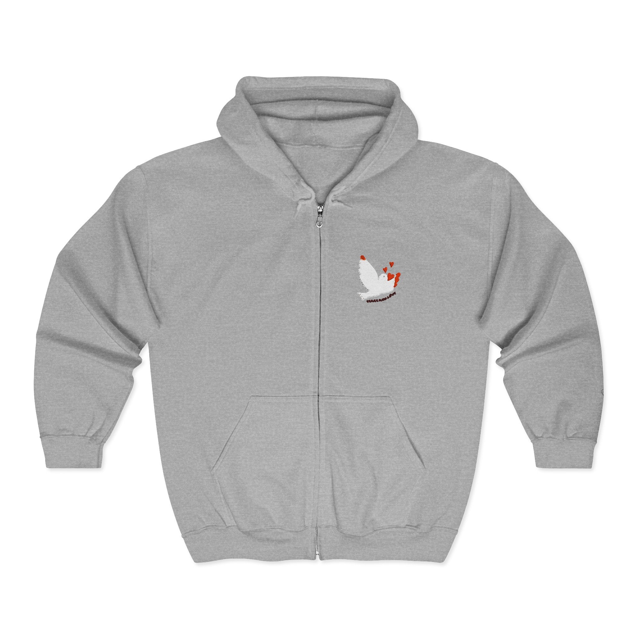Adult Female Embroidered Zippered Hoodie:  Peace and Love