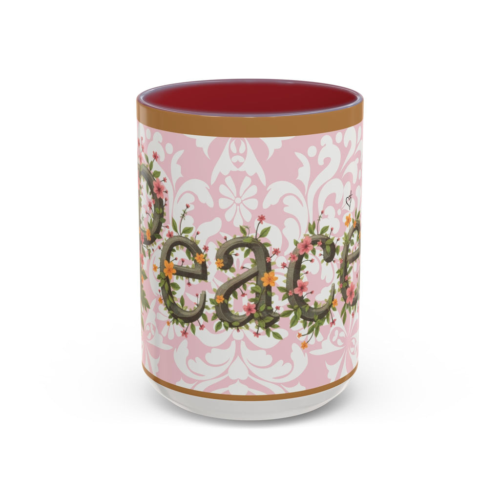 Peace and Love Coffee Mug — John 14:27 Pink Damask & Olive Floral Accent(11, 15oz)