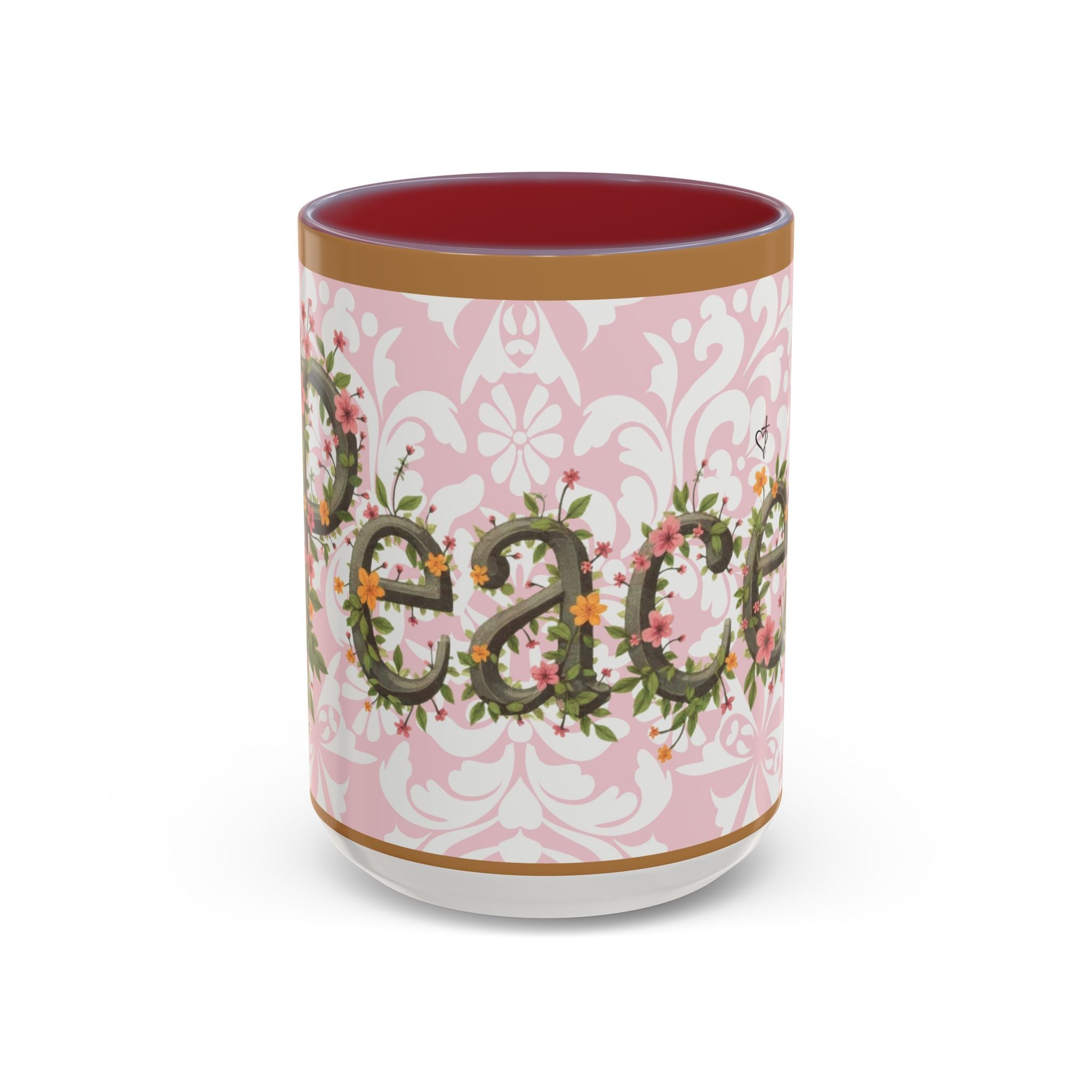 Peace and Love Coffee Mug — John 14:27 Pink Damask & Olive Floral Accent(11, 15oz)