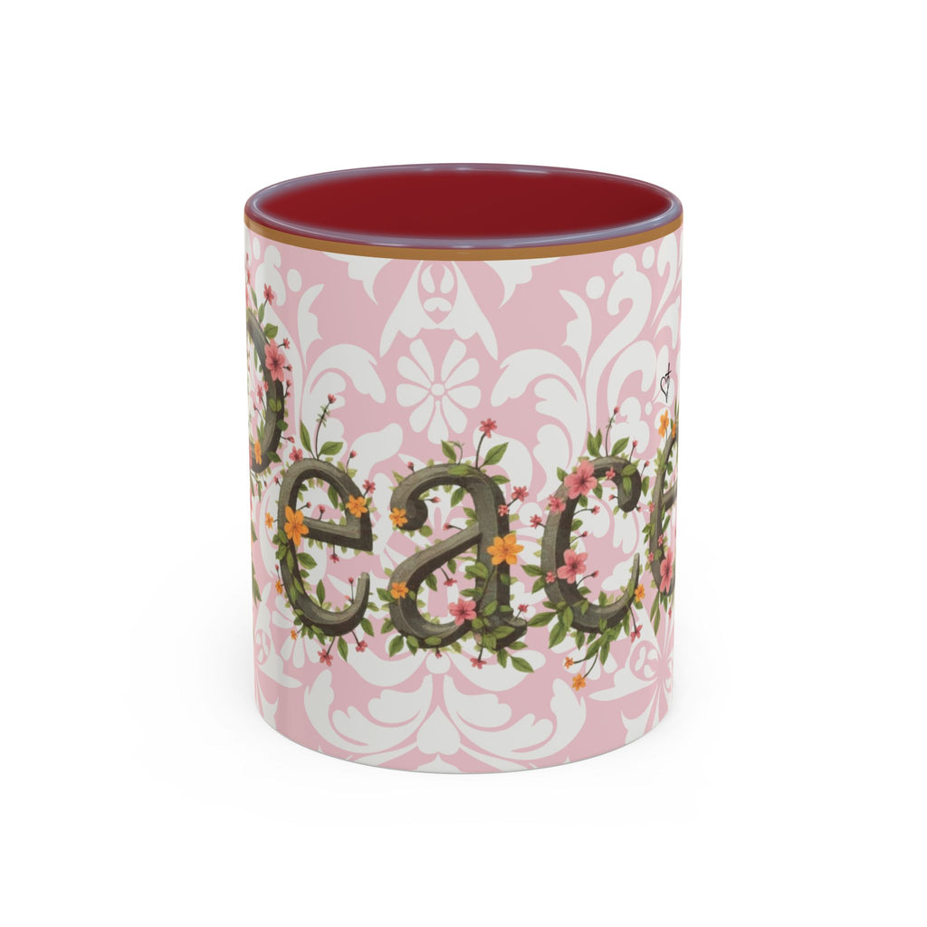 Peace and Love Coffee Mug — John 14:27 Pink Damask & Olive Floral Accent(11, 15oz)