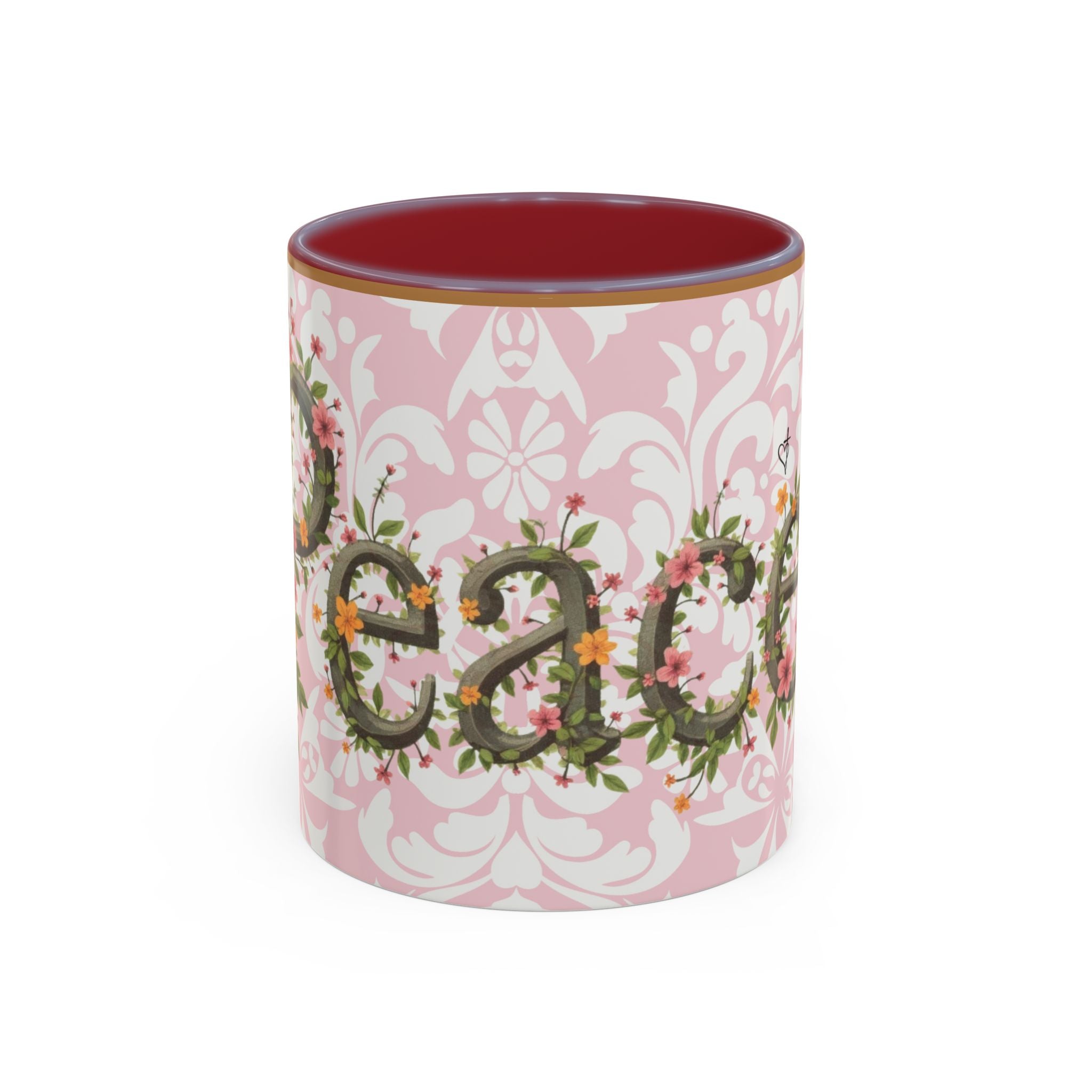 Peace and Love Coffee Mug — John 14:27 Pink Damask & Olive Floral Accent(11, 15oz)