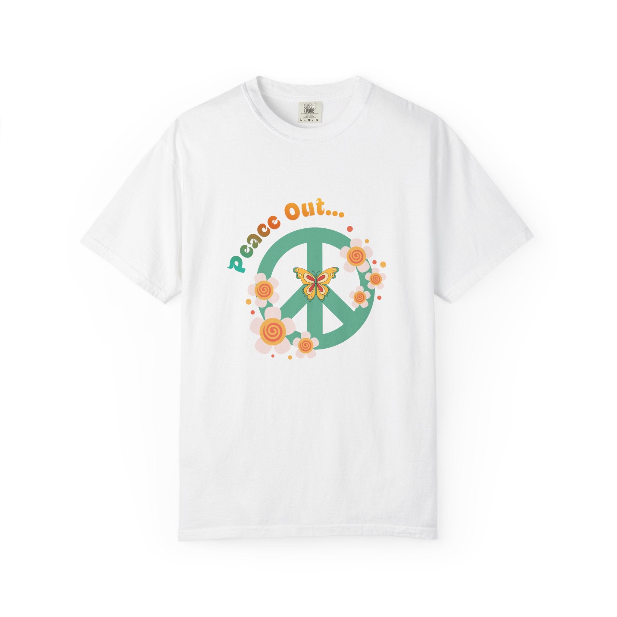 Peace Out T‑Shirt — Retro Floral Peace Sign Tee with ‘Peace Out…’ Text